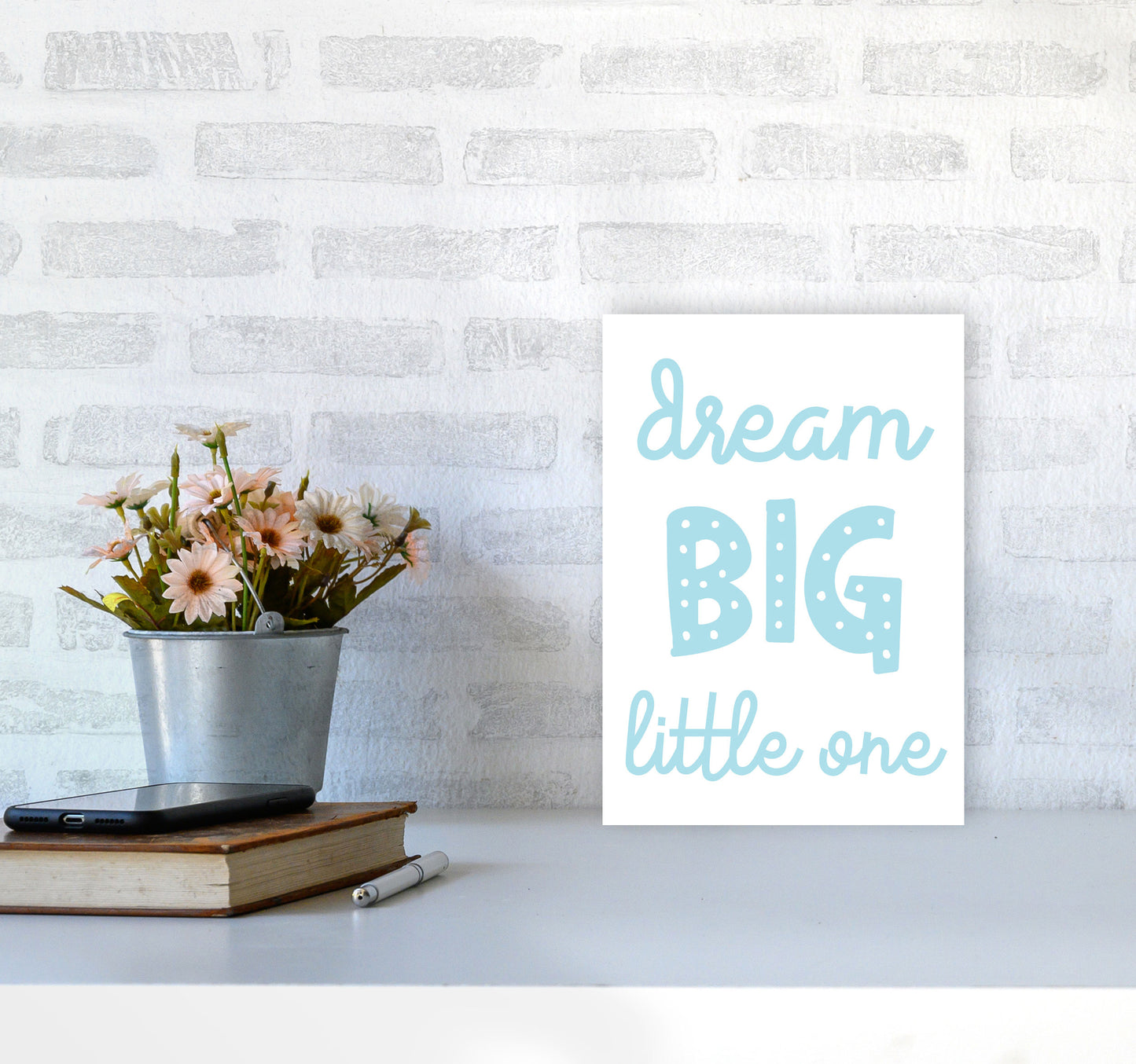 Dream Big Little One Blue Framed Nursey Wall Art Print A4 Black Frame