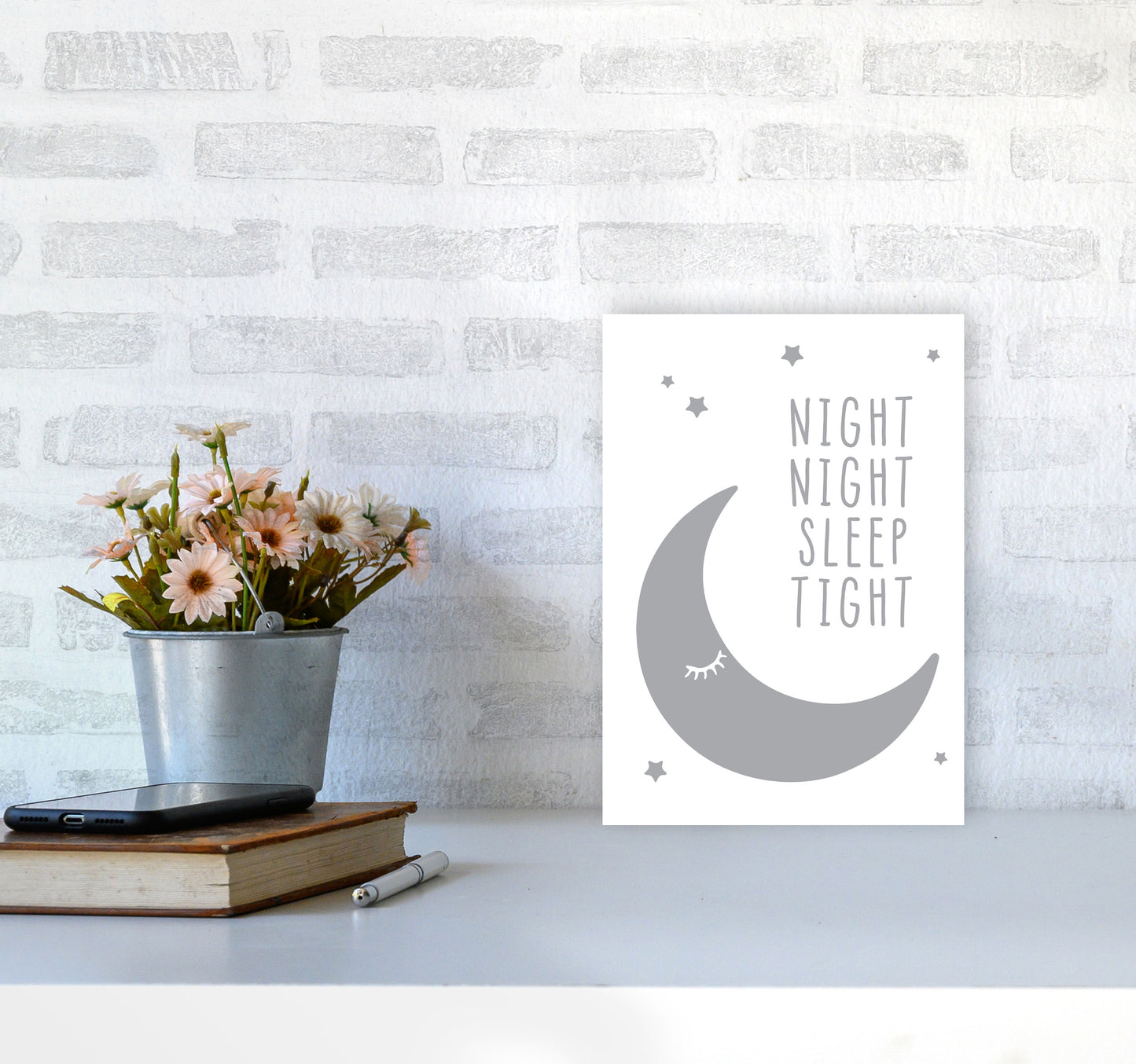 Night Night Moon Grey Framed Nursey Wall Art Print A4 Black Frame