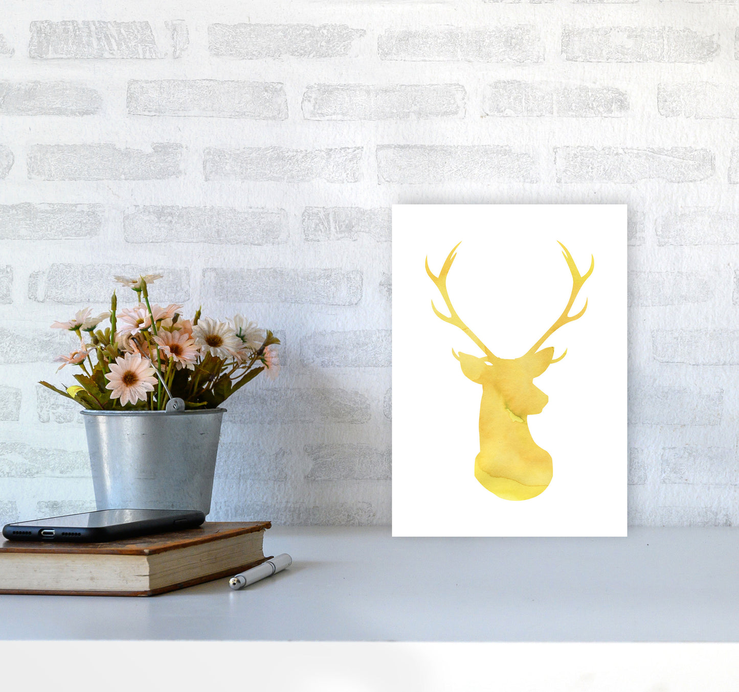 Stags Head Watercolour Modern Print Animal Art Print A4 Black Frame