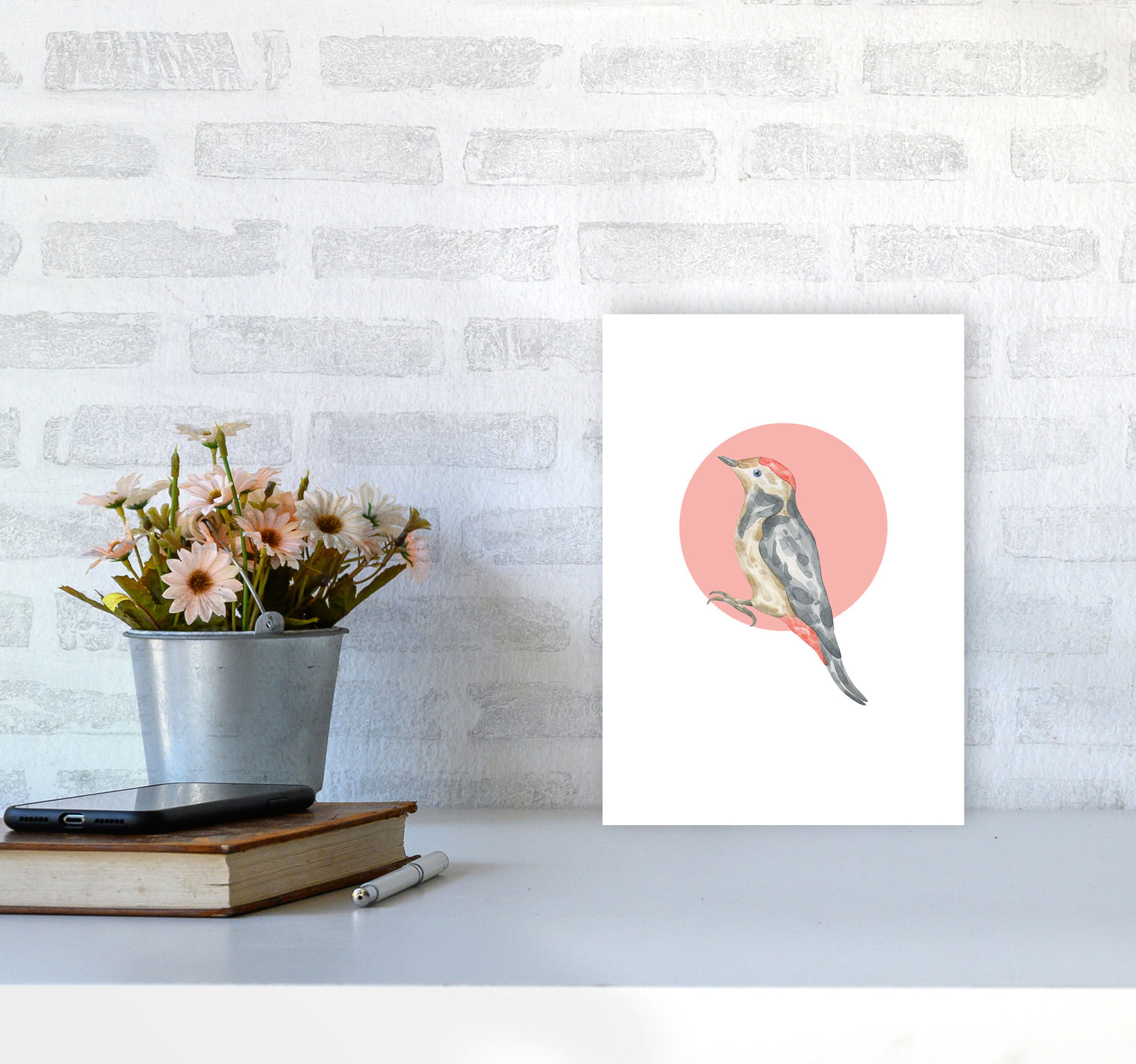 Watercolour Bird With Red Circle Modern Print Animal Art Print A4 Black Frame