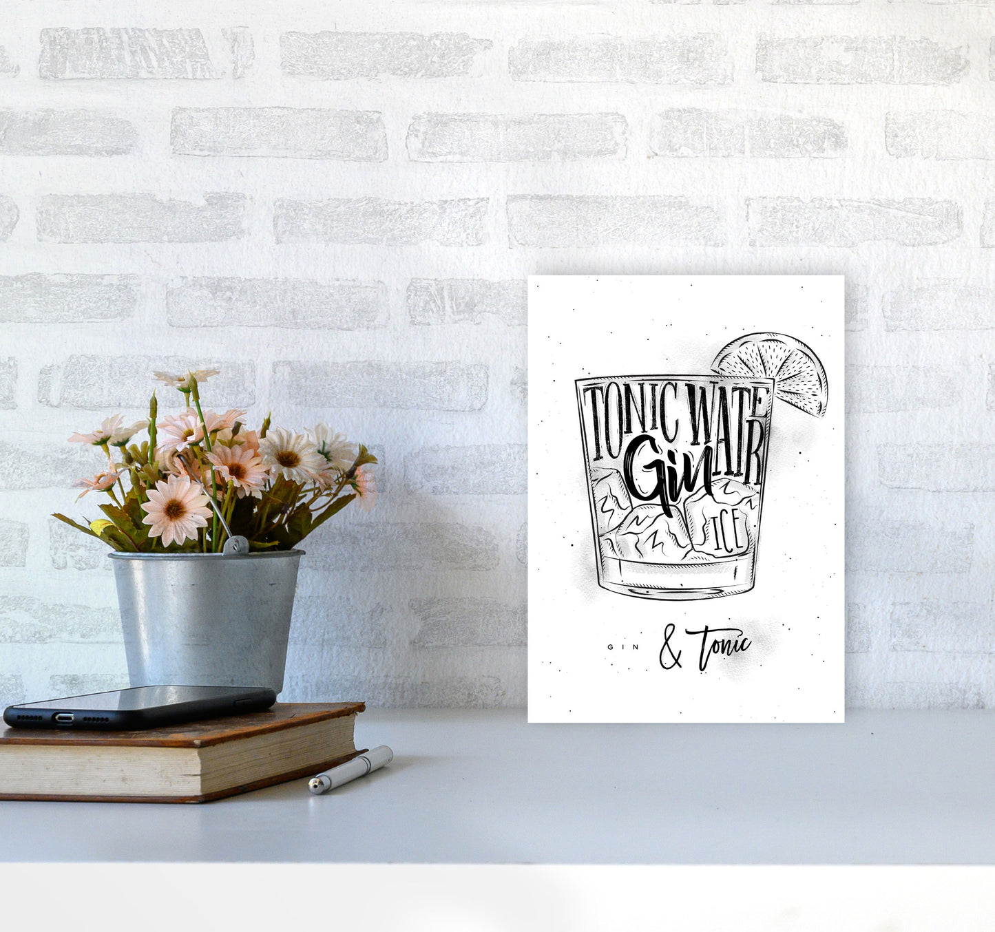 Gin And Tonic Modern Print, Framed Kitchen Wall Art A4 Black Frame