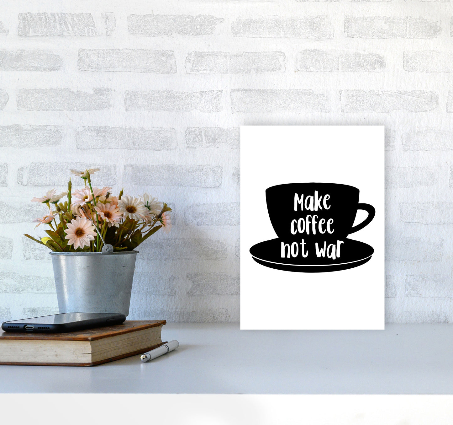 Make Coffee Not War Modern Print, Framed Kitchen Wall Art A4 Black Frame