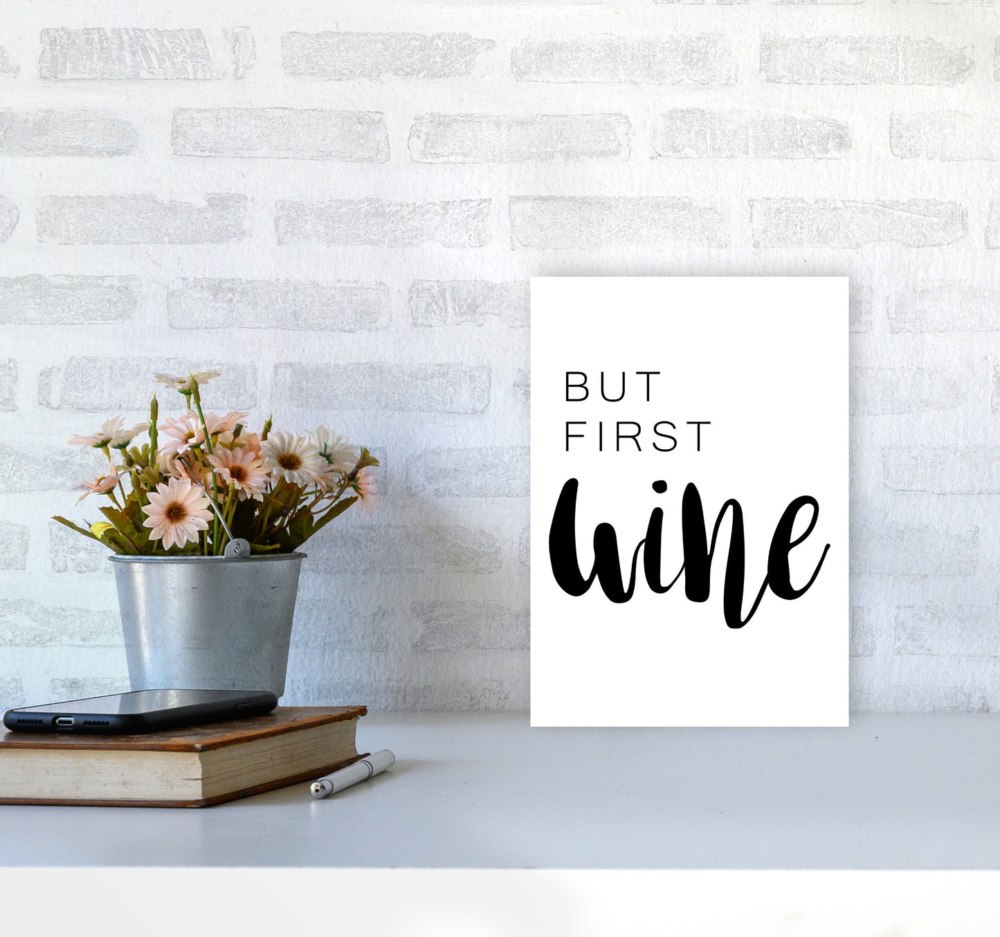 But First Wine Modern Print, Framed Kitchen Wall Art A4 Black Frame