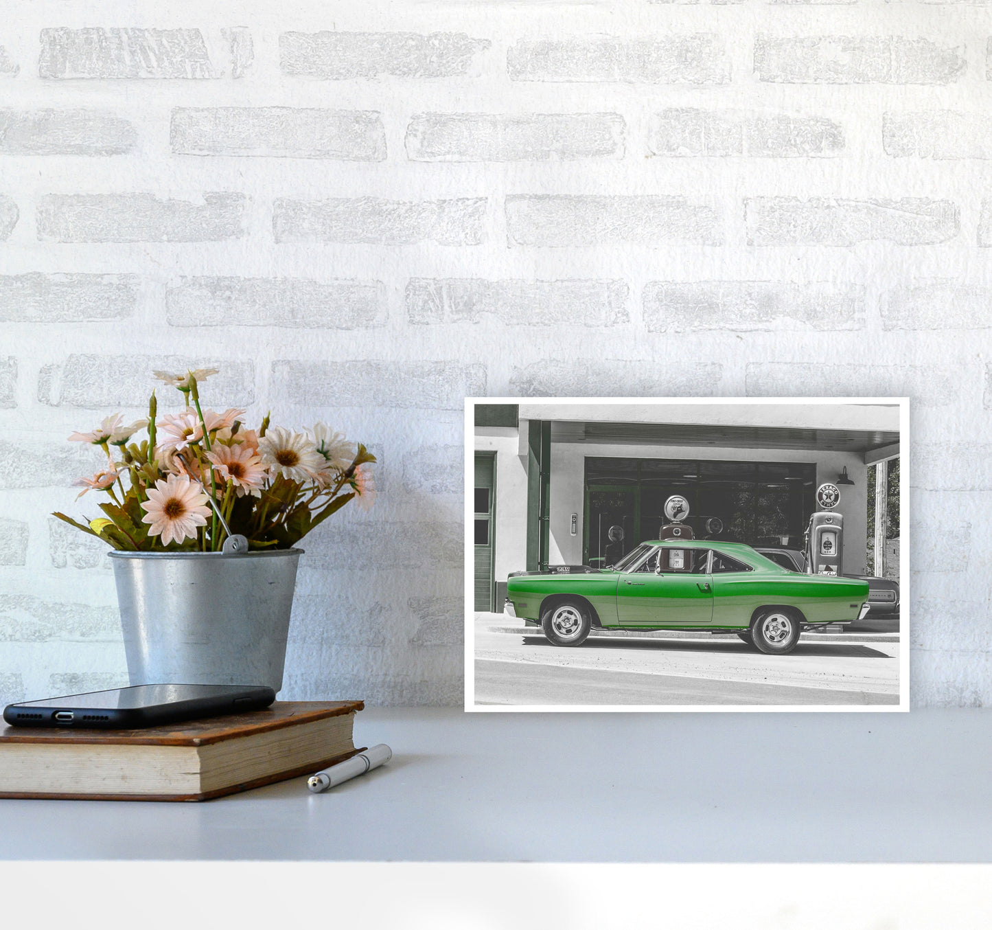 Green Car Modern Print A4 Black Frame