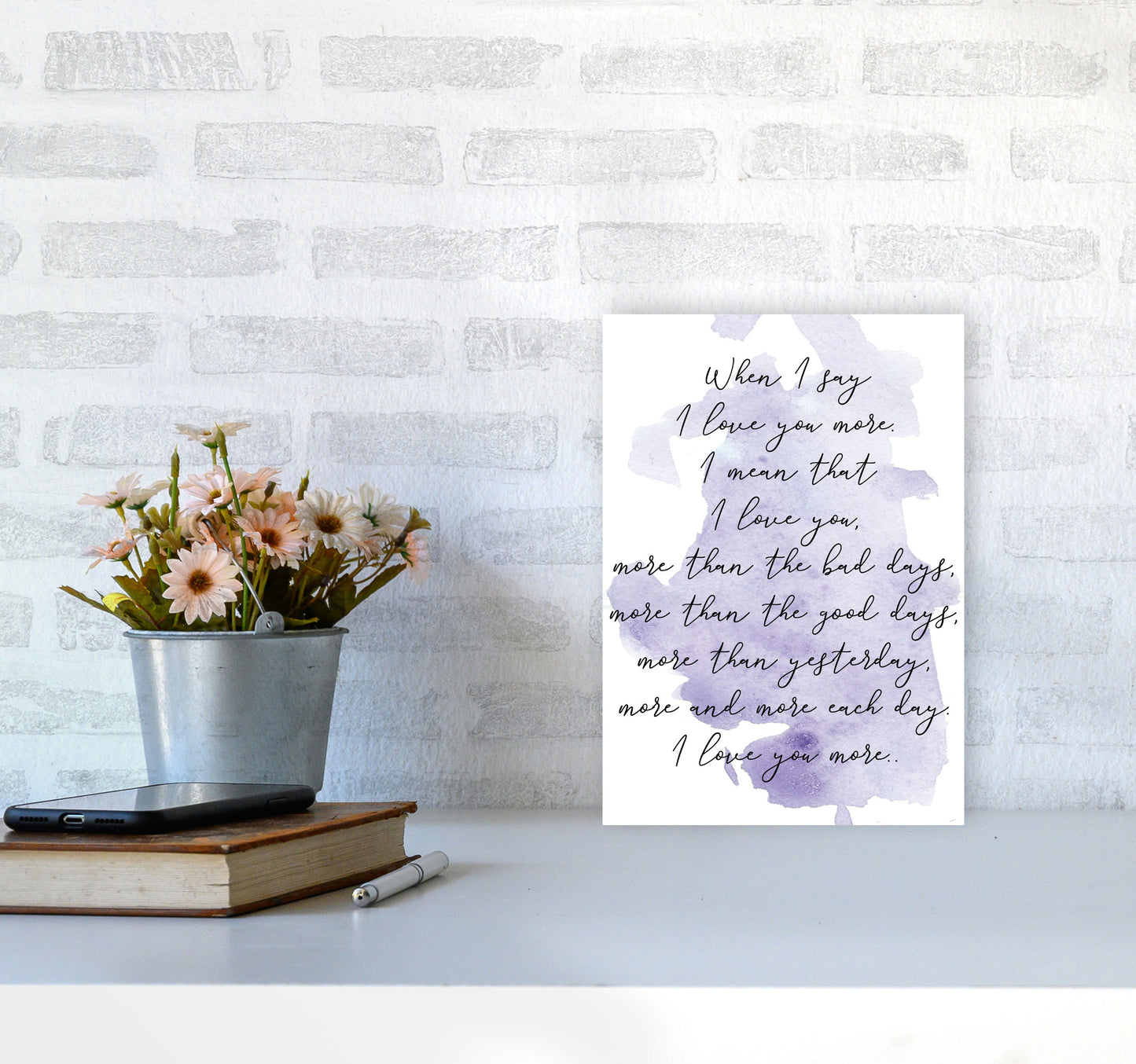 Love You More Purple Watercolour Modern Print A4 Black Frame