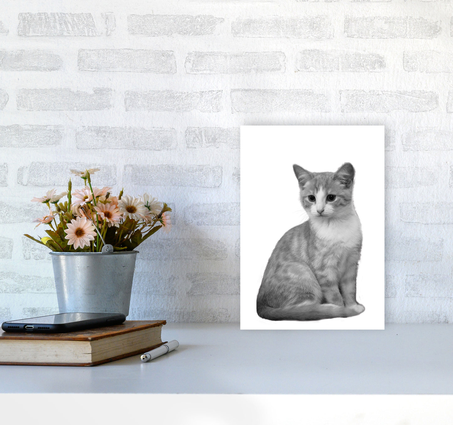 Black And White Cat Modern Print Animal Art Print A4 Black Frame