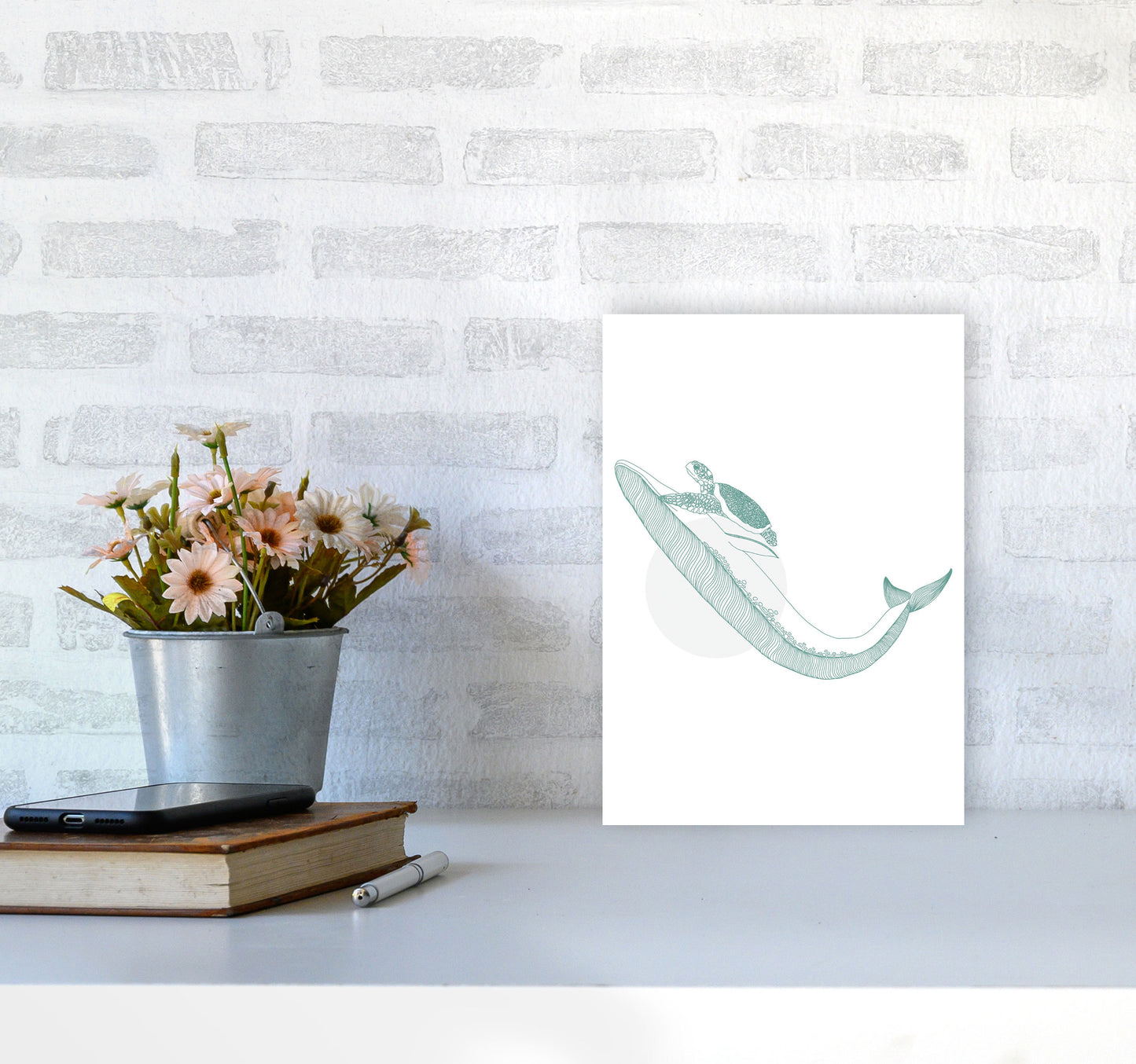 Marine Animals Whale And Turtle Modern Print Animal Art Print A4 Black Frame