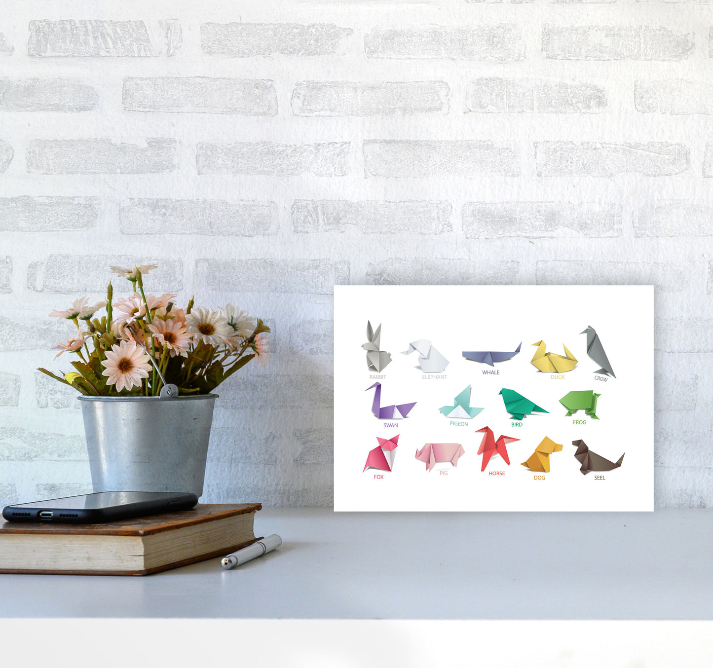 Origami Animals Modern Print A4 Black Frame