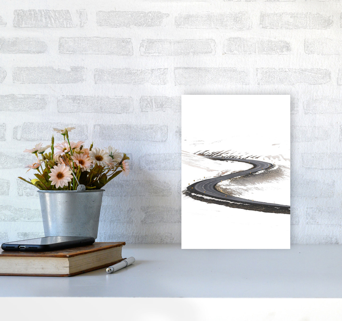 Snowy Road Pass Modern Print A4 Black Frame