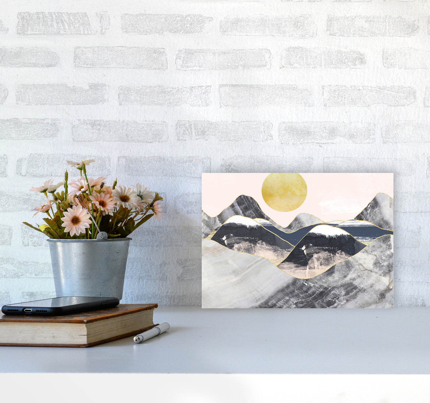 Gold Moon Navy Marble Mountains Landscape Art Print by Pixy Paper A4 Black Frame