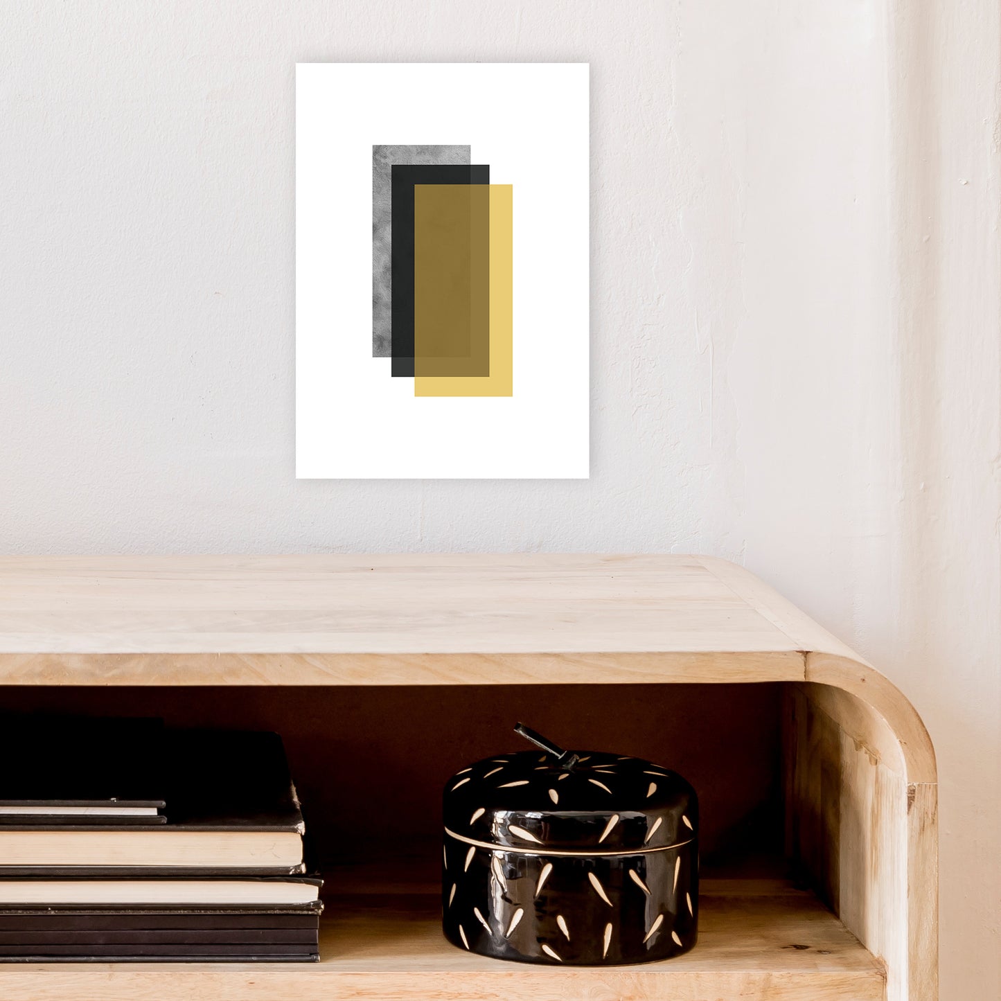 Geometric Mustard And Black Rectangles Art Print by Pixy Paper A4 Black Frame