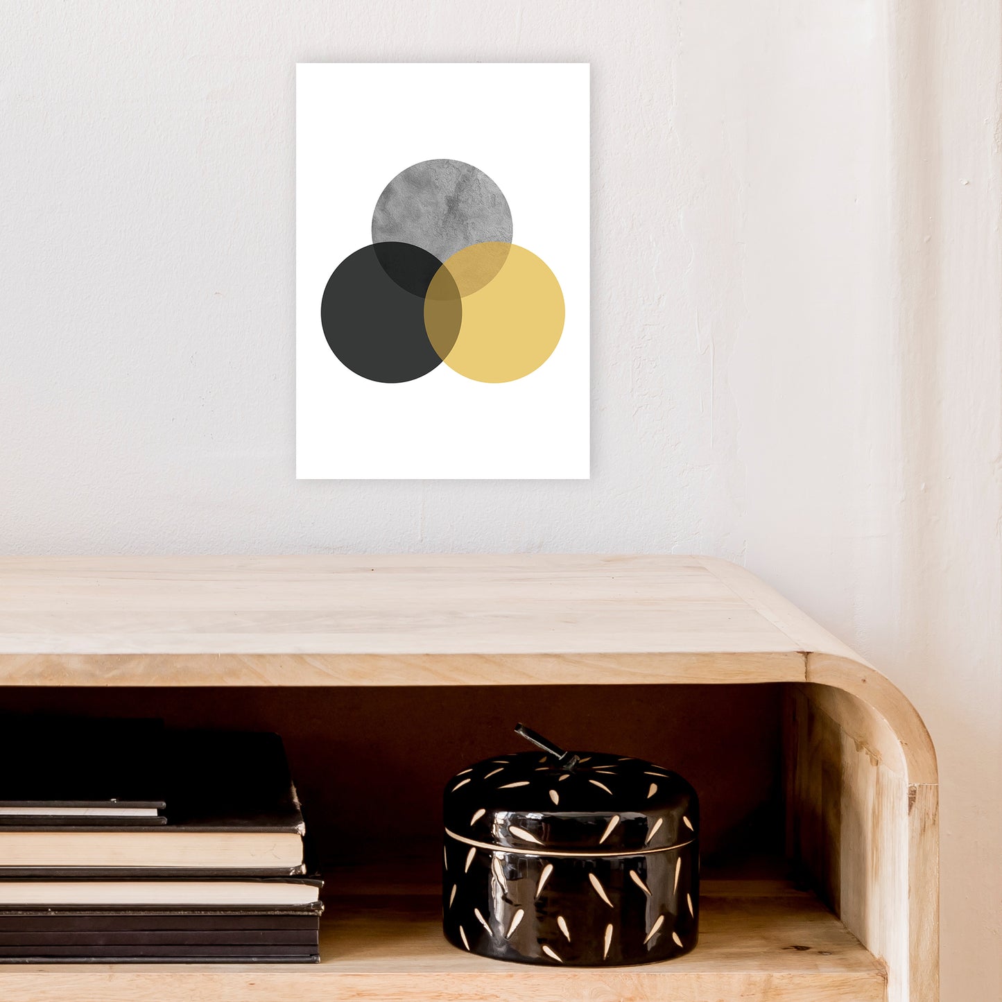 Geometric Mustard And Black Circles Art Print by Pixy Paper A4 Black Frame