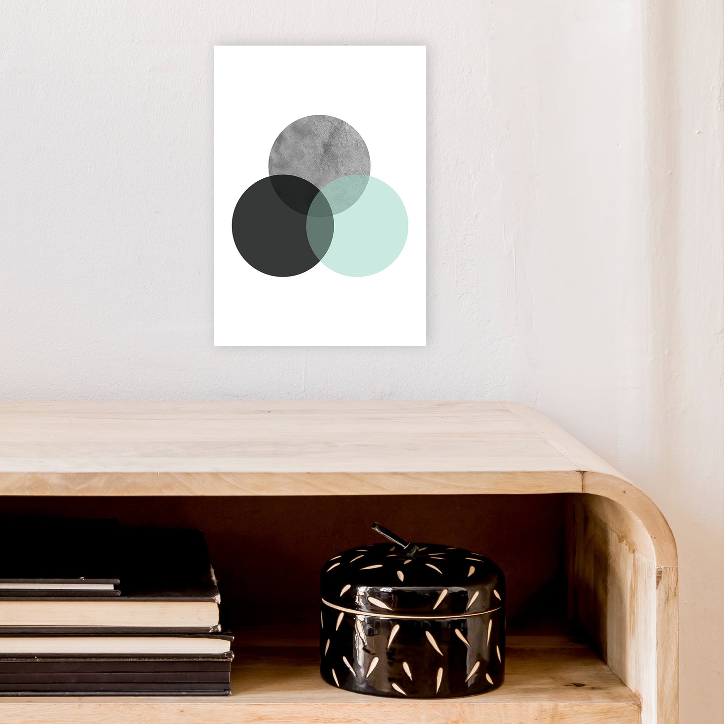 Geometric Mint And Black Circles Art Print by Pixy Paper A4 Black Frame