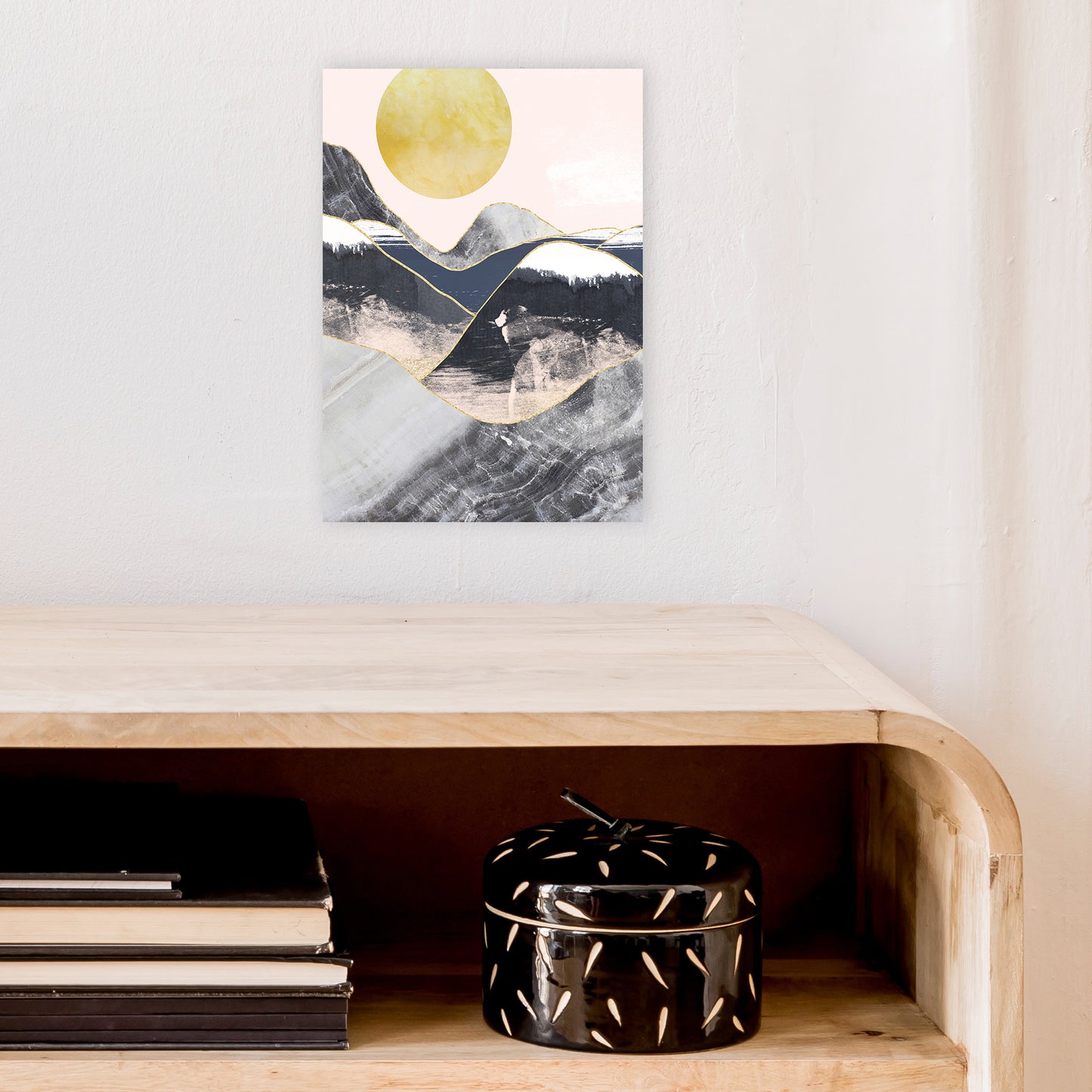 Gold Moon Navy Marble Mountains Art Print by Pixy Paper A4 Black Frame