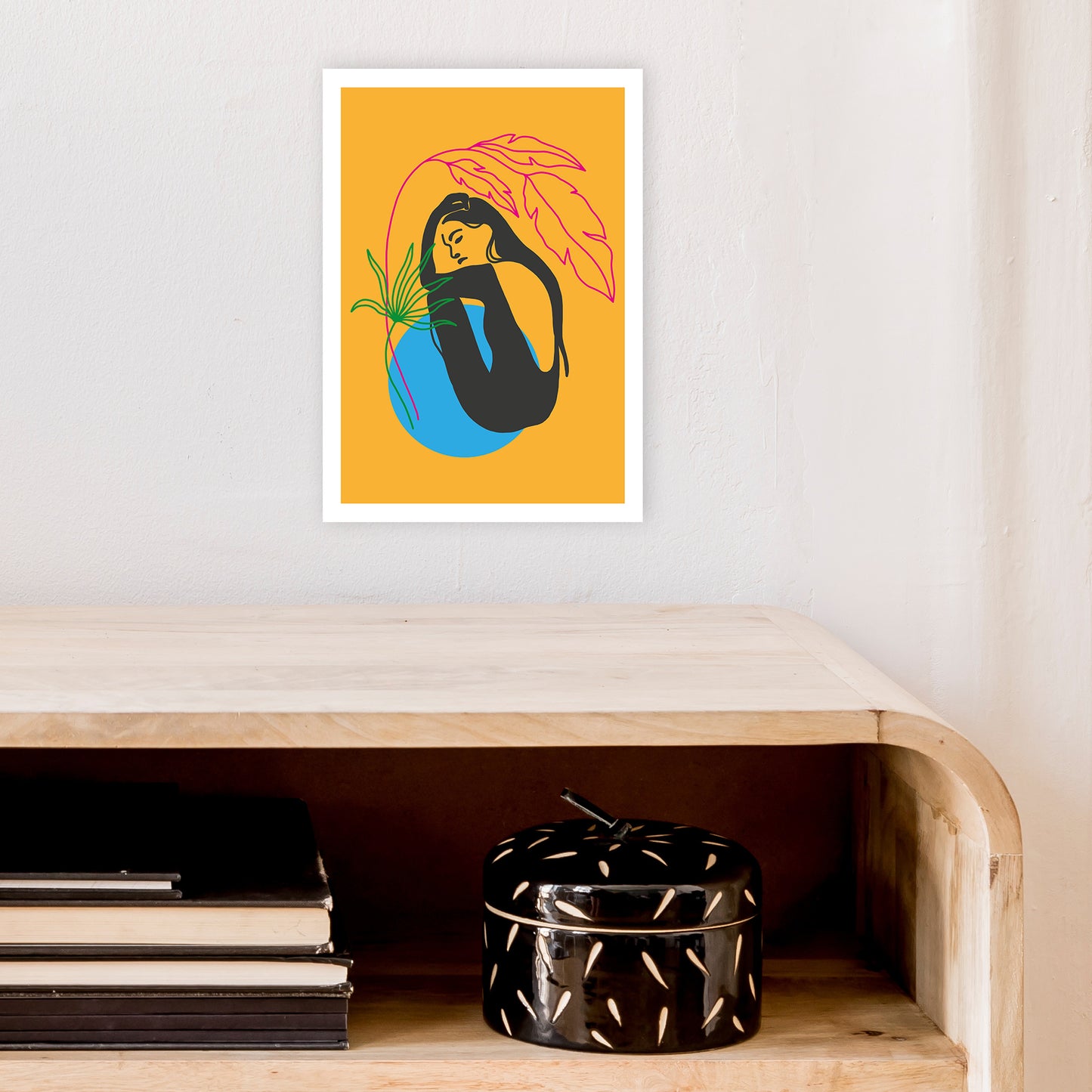 Girl Under Plant Yellow Neon Funk Art Print by Pixy Paper A4 Black Frame