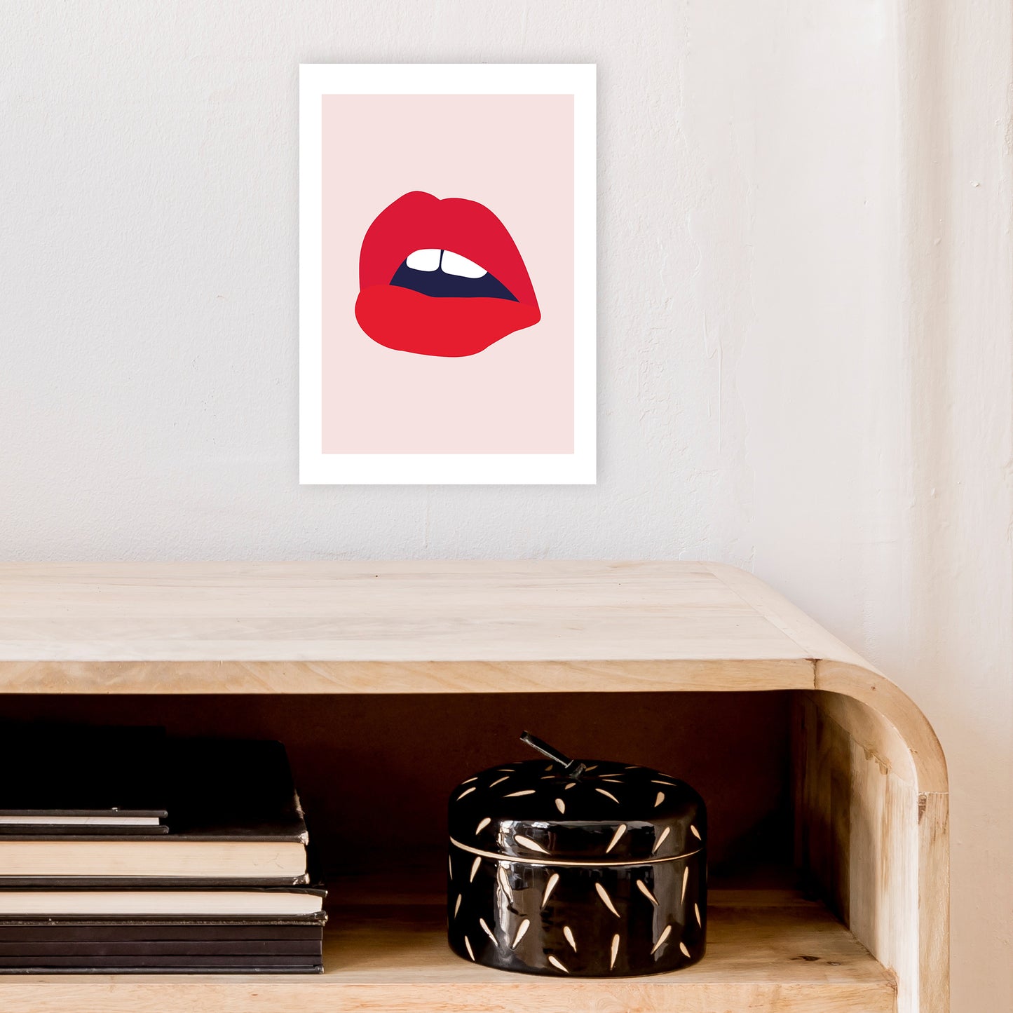 Red Lips Salmon Back Art Print by Pixy Paper A4 Black Frame
