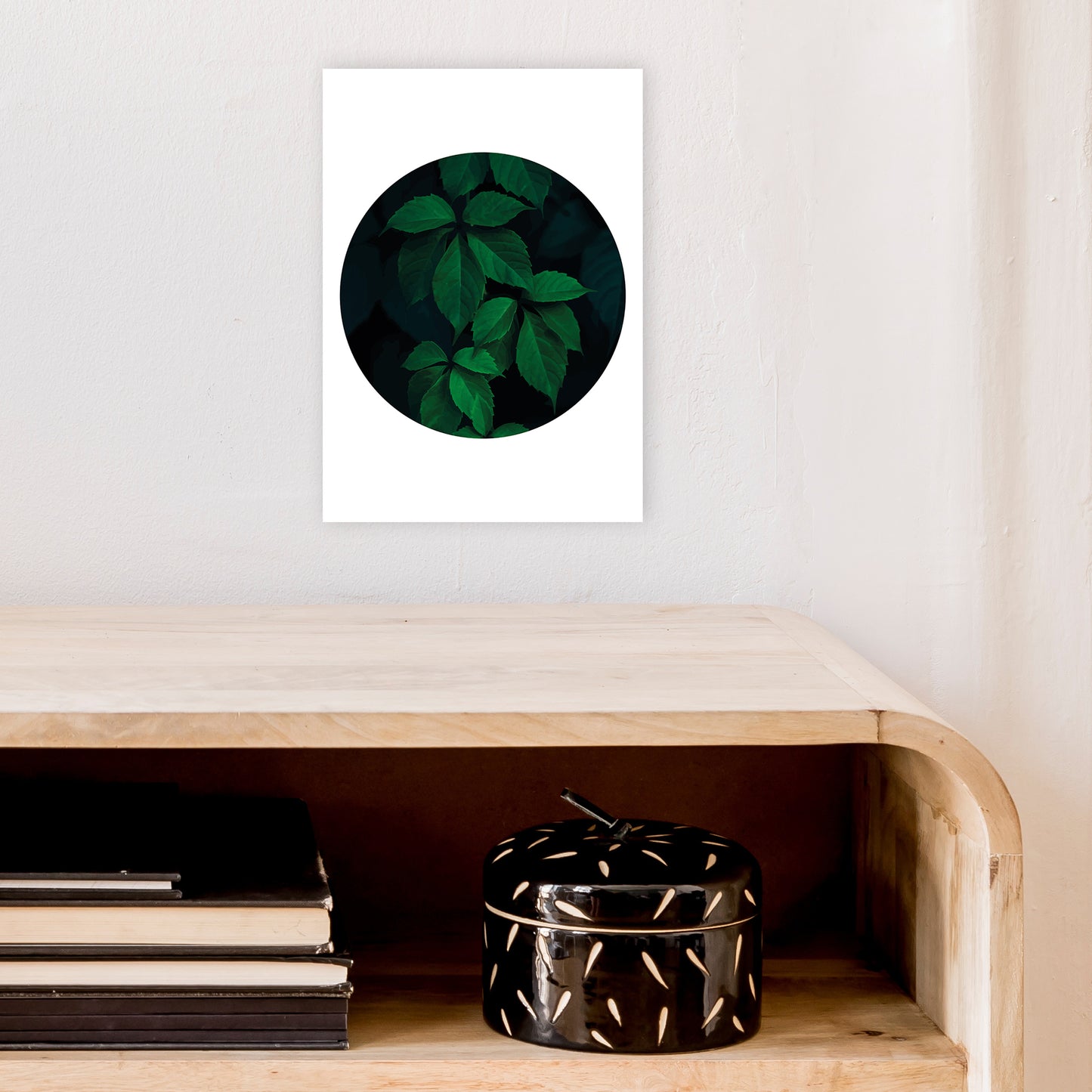 Deep Green Leaf Circle Art Print by Pixy Paper A4 Black Frame
