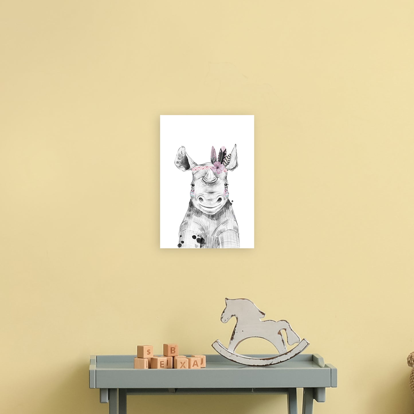 Safari Babies Rhino With Head Feathers Art Print by Pixy Paper A4 Black Frame