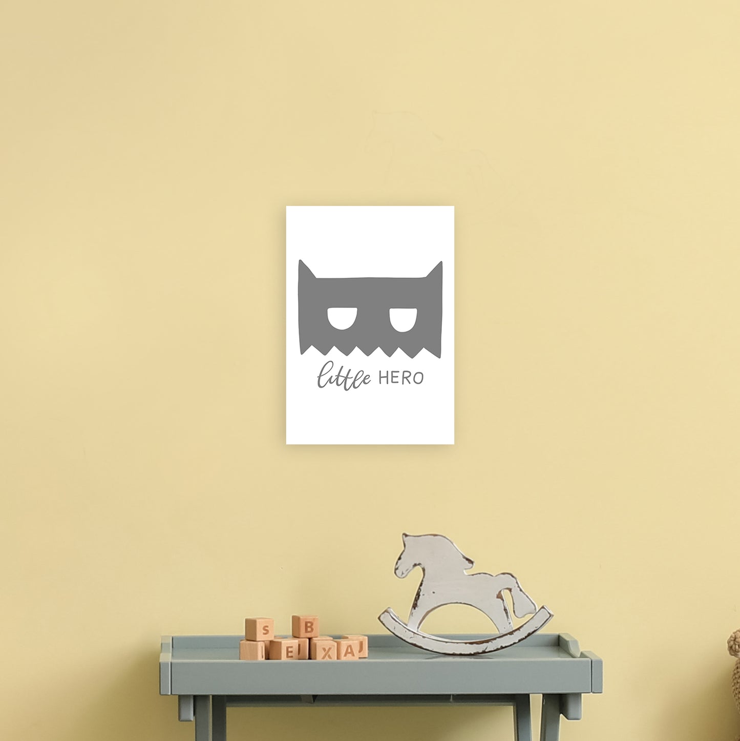 Little Hero Mask Super Scandi Grey Art Print by Pixy Paper A4 Black Frame