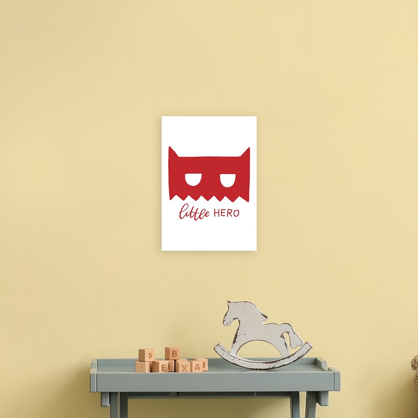 Little Hero Mask Red Super Scandi Art Print by Pixy Paper A4 Black Frame