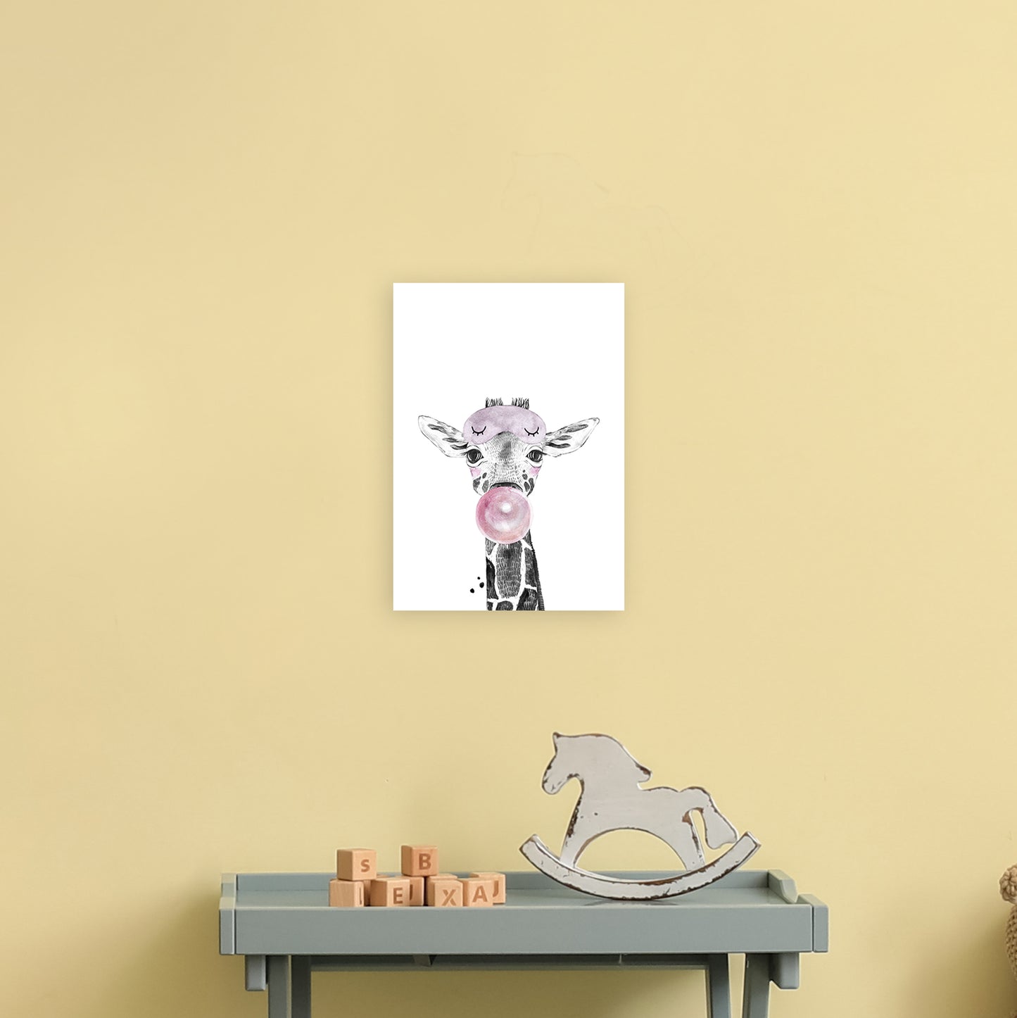 Safari Babies Giraffe With Bubble Art Print by Pixy Paper A4 Black Frame