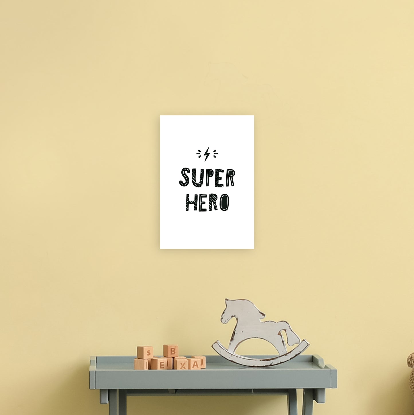 Super Hero Black Super Scandi Art Print by Pixy Paper A4 Black Frame