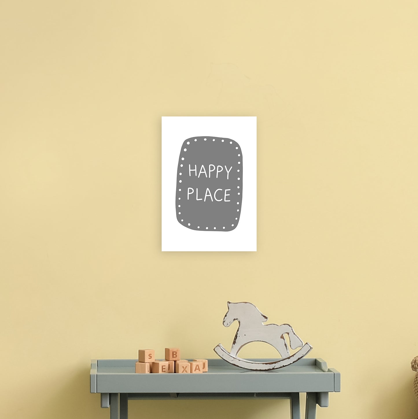 Happy Place Super Scandi Grey Art Print by Pixy Paper A4 Black Frame