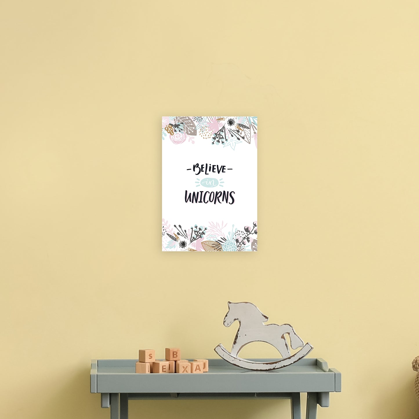 Believe In Unicorns Floral Art Print by Pixy Paper A4 Black Frame