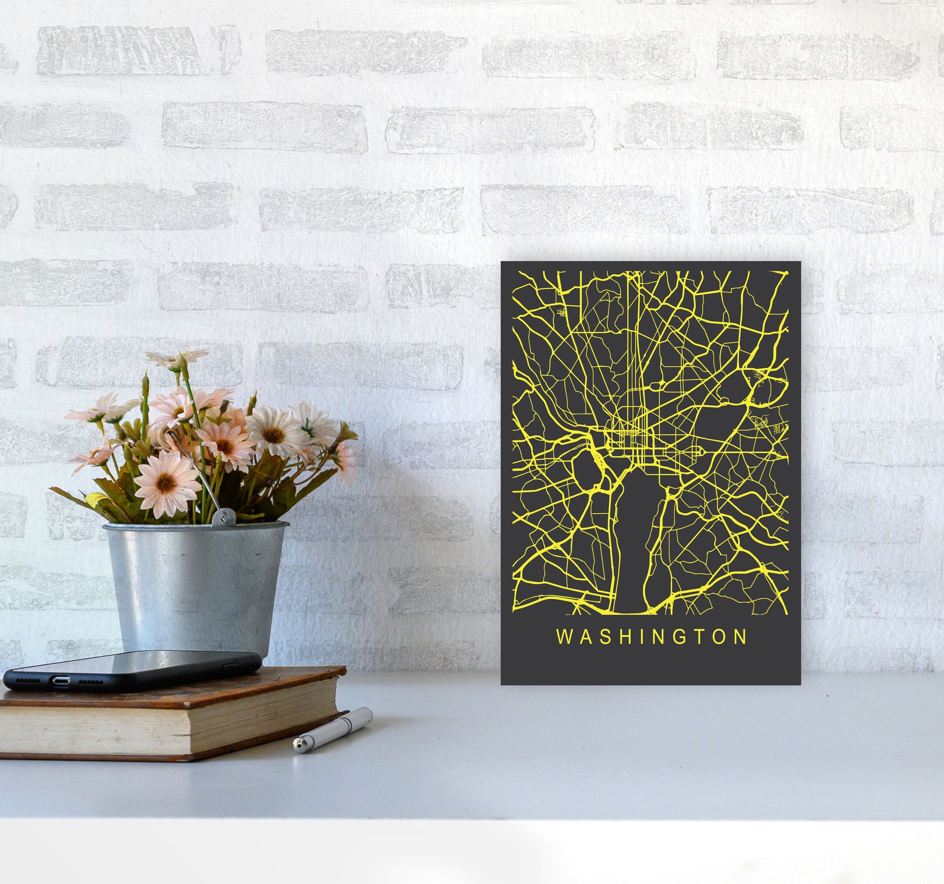 Washington Map Neon Art Print by Pixy Paper A4 Black Frame