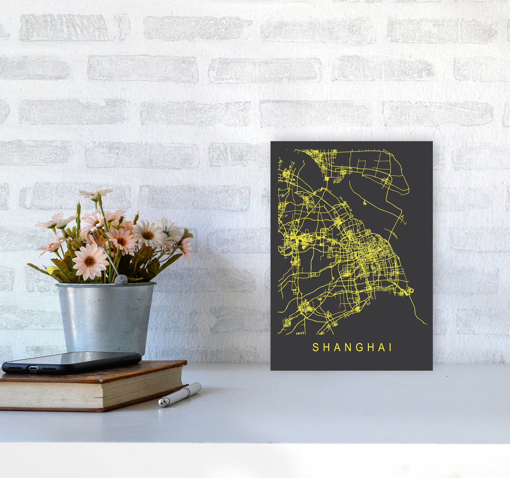 Shanghai Map Neon Art Print by Pixy Paper A4 Black Frame