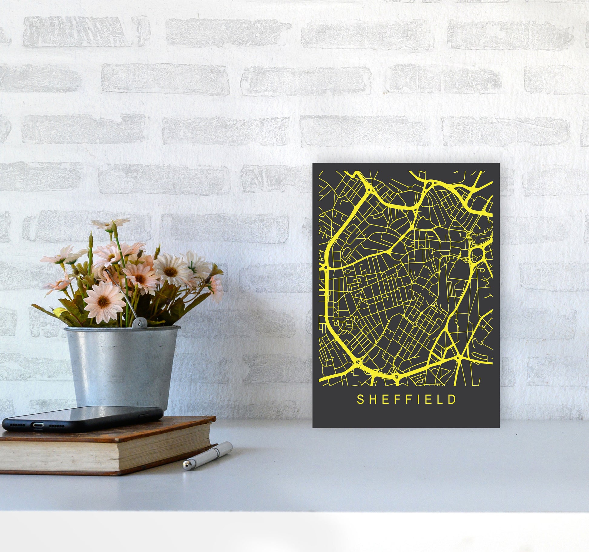 Sheffield Map Neon Art Print by Pixy Paper A4 Black Frame