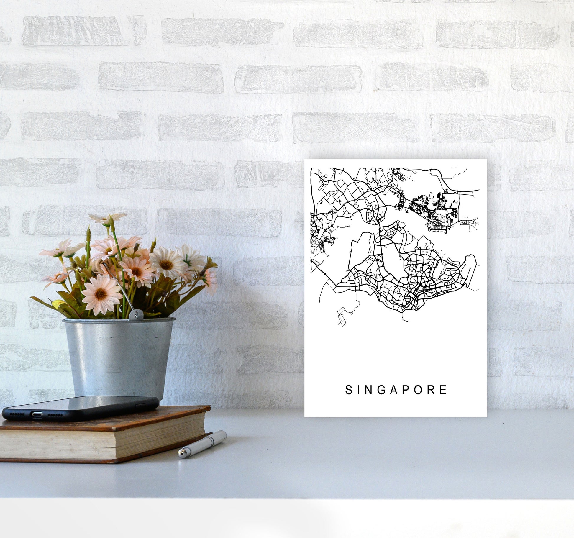 Singapore Map Art Print by Pixy Paper A4 Black Frame