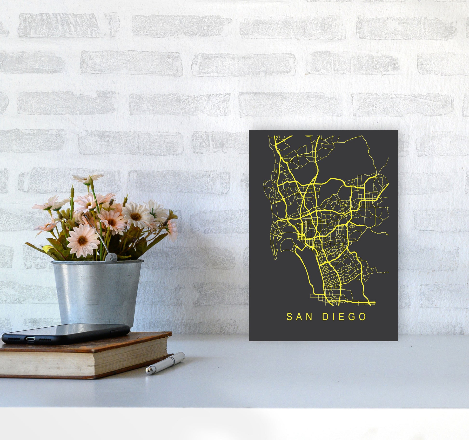San Diego Map Neon Art Print by Pixy Paper A4 Black Frame