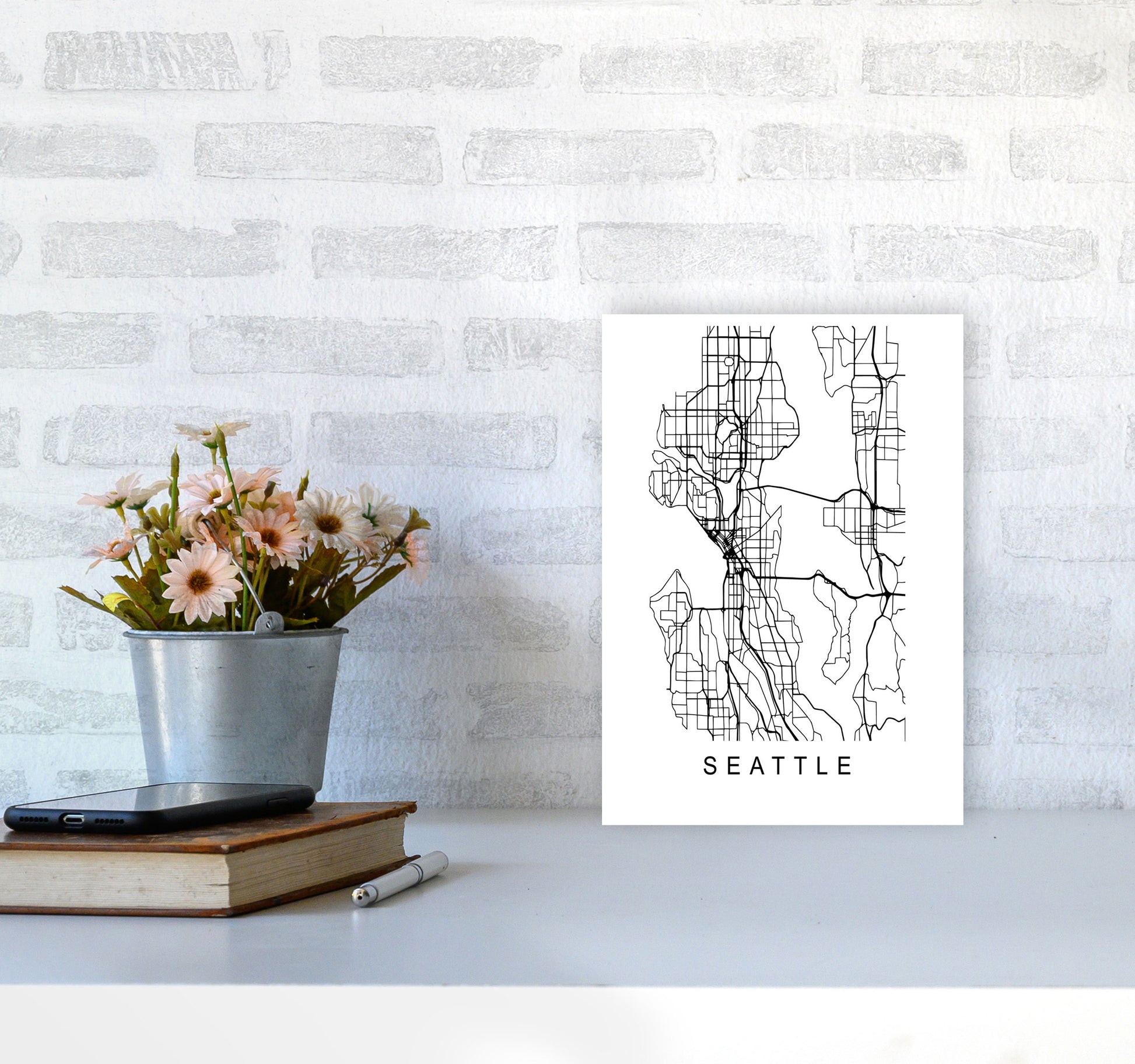Seattle Map Art Print by Pixy Paper A4 Black Frame