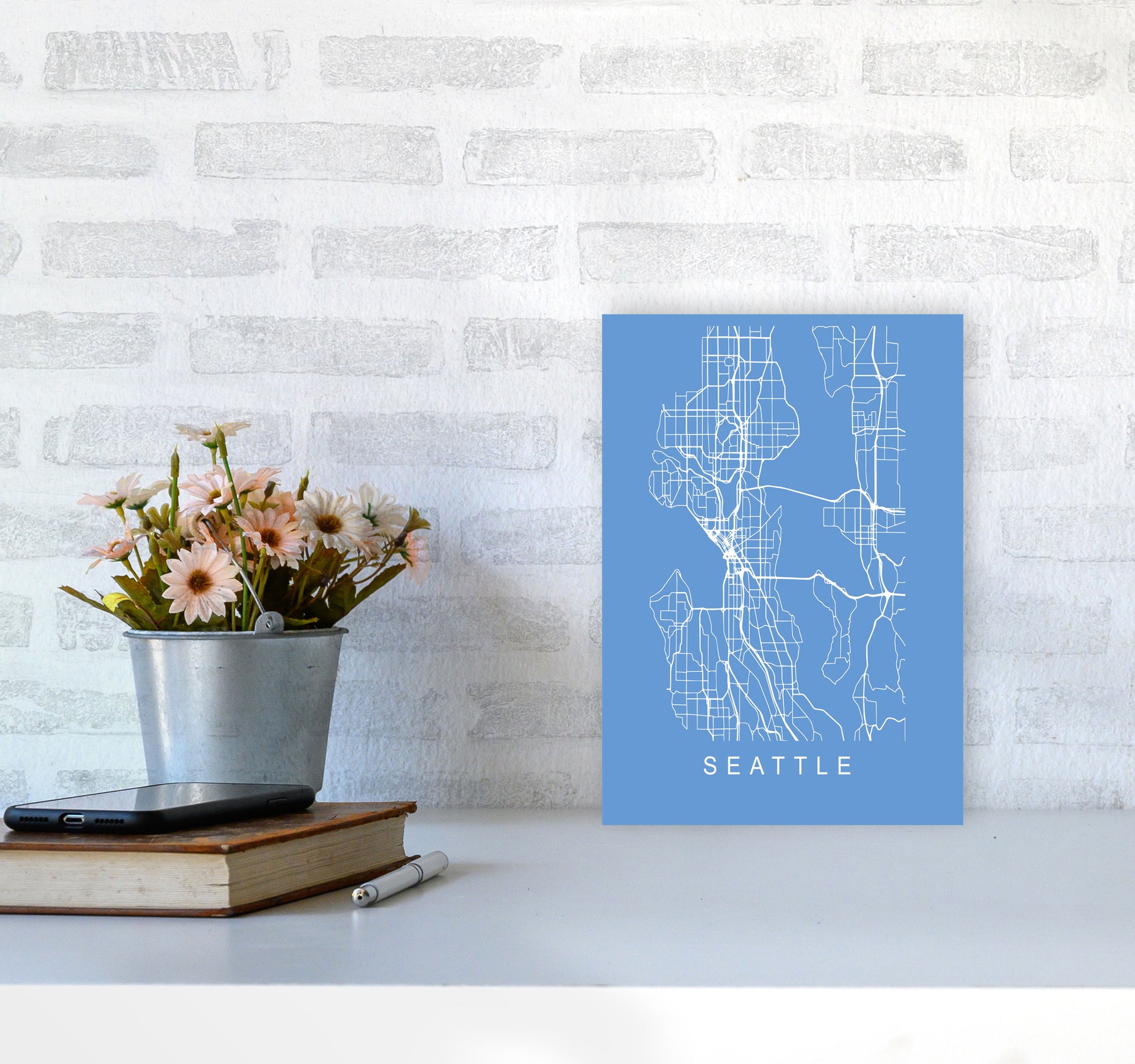 Seattle Map Blueprint Art Print by Pixy Paper A4 Black Frame
