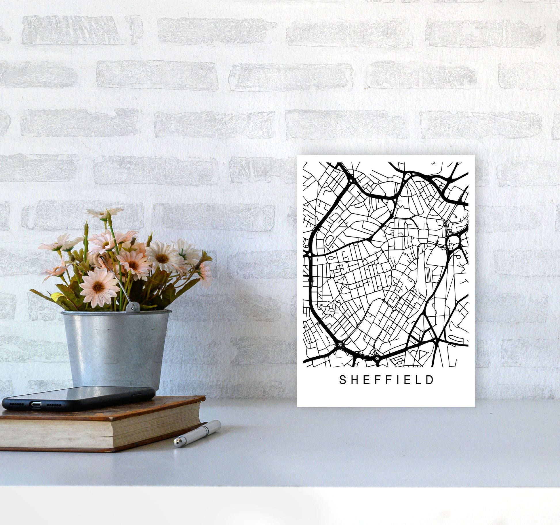 Sheffield Map Art Print by Pixy Paper A4 Black Frame