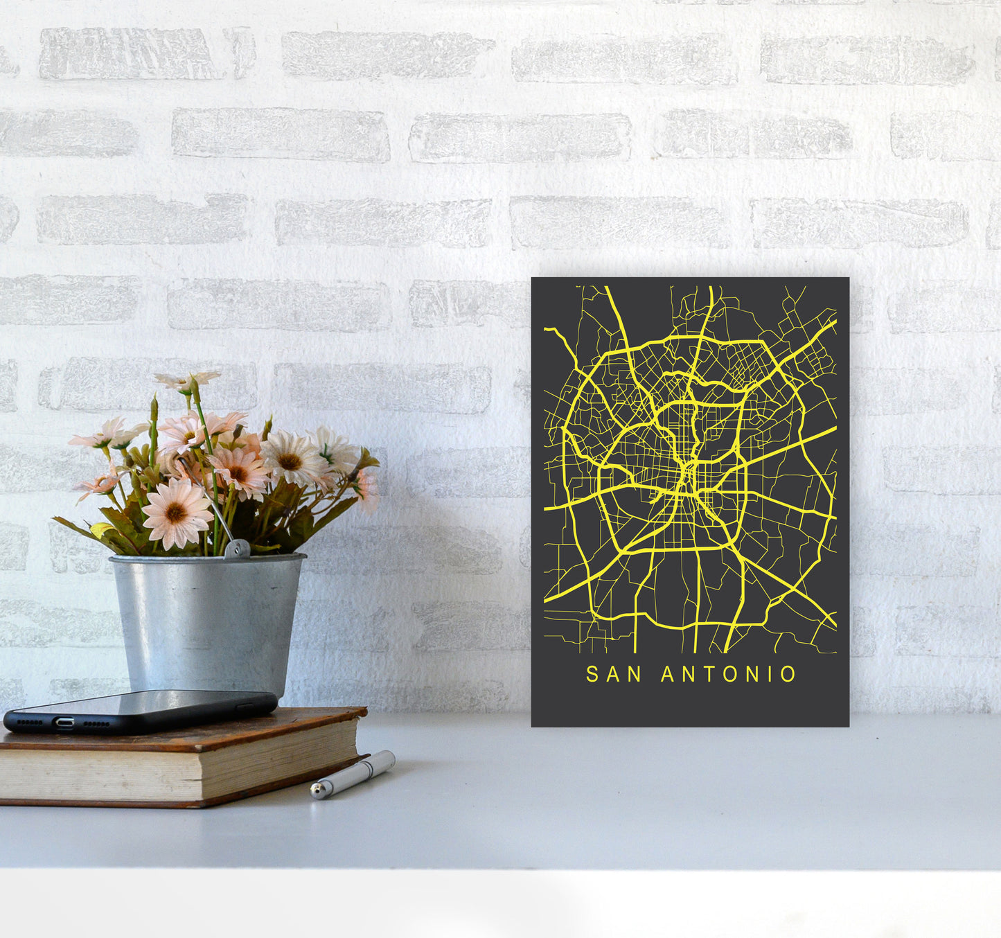 San Antonio Map Neon Art Print by Pixy Paper A4 Black Frame