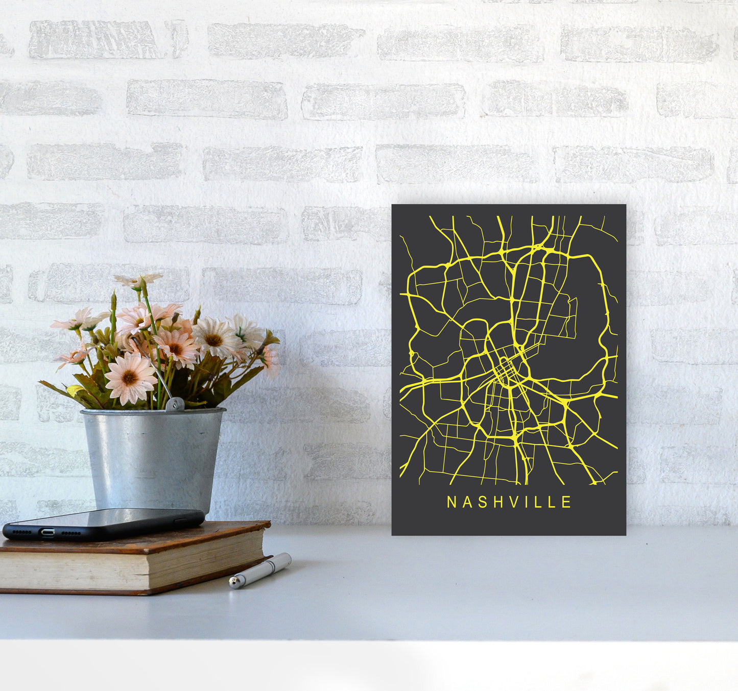 Nashville Map Neon Art Print by Pixy Paper A4 Black Frame