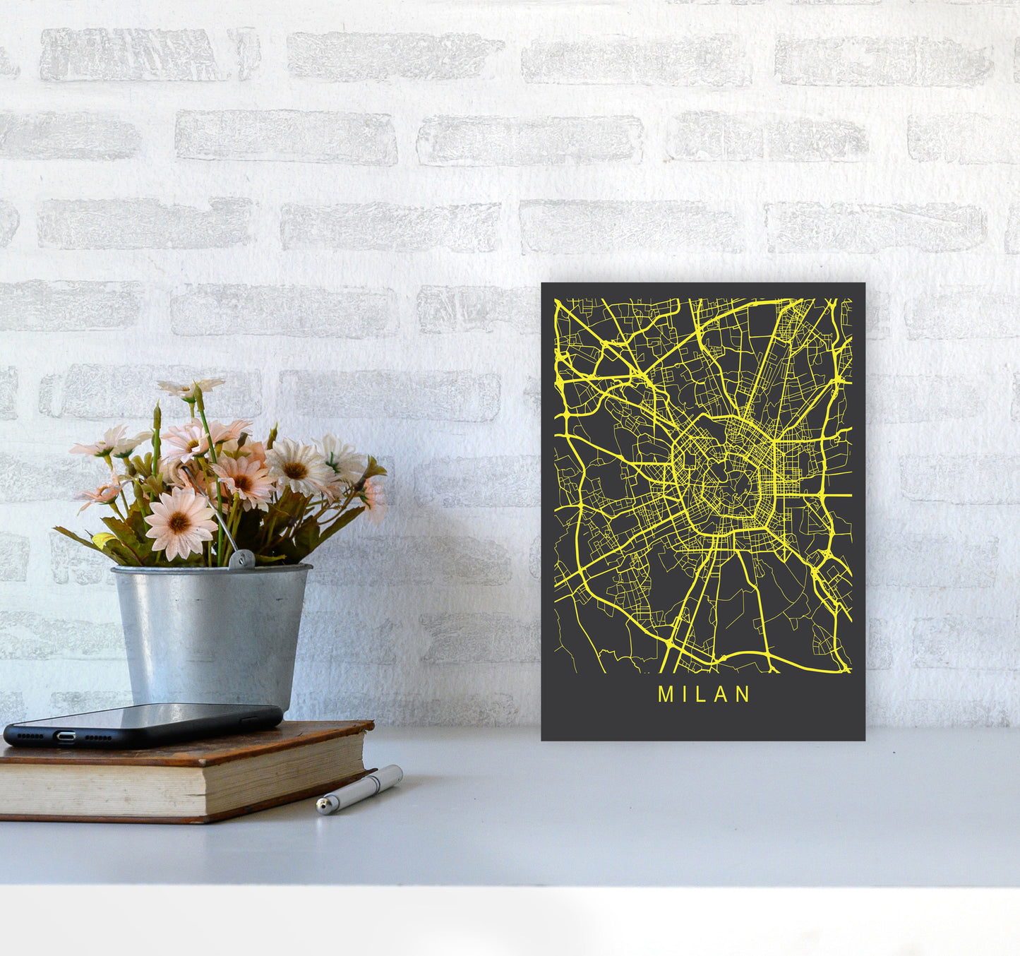 Milan Map Neon Art Print by Pixy Paper A4 Black Frame