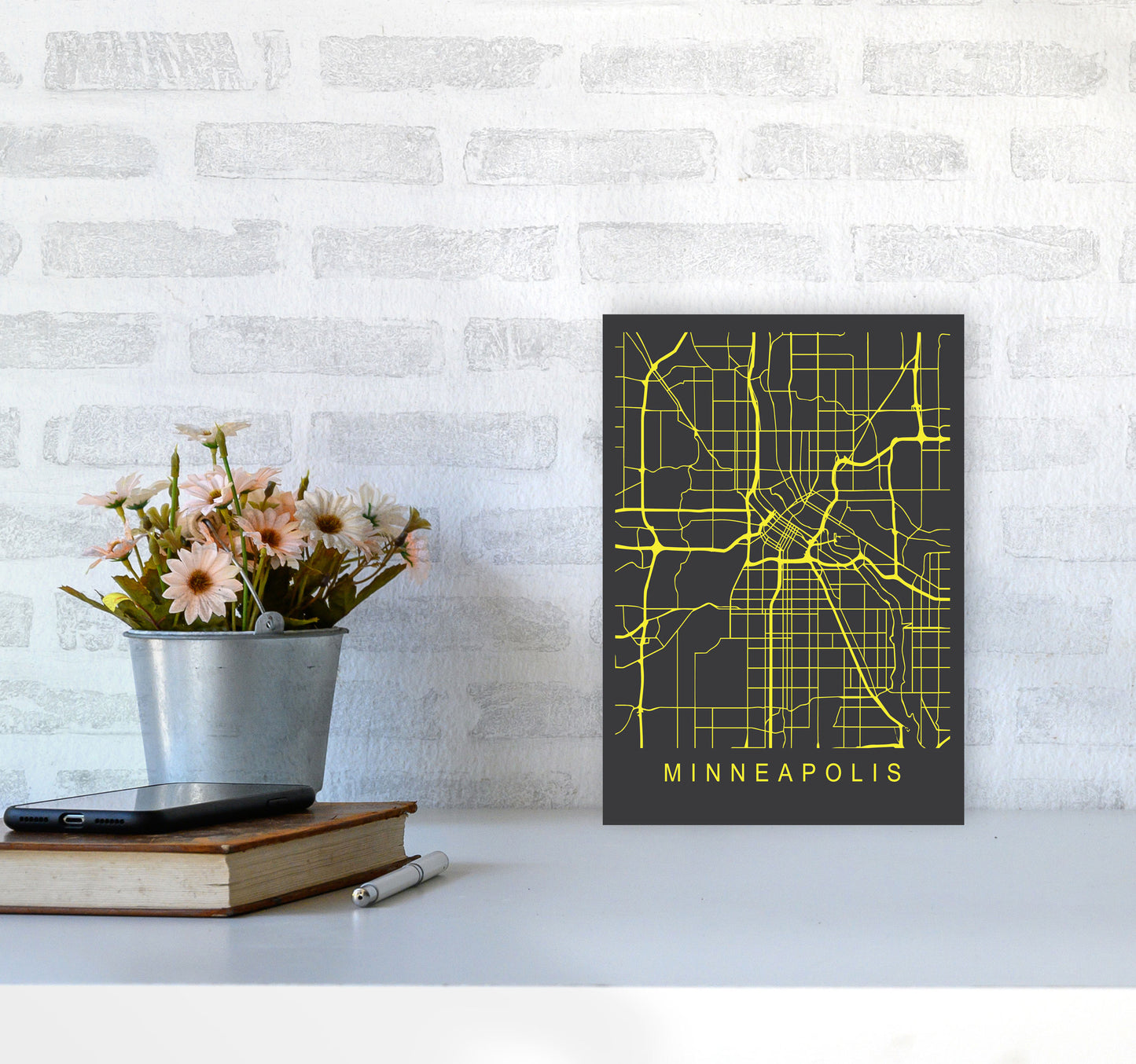 Minneapolis Map Neon Art Print by Pixy Paper A4 Black Frame