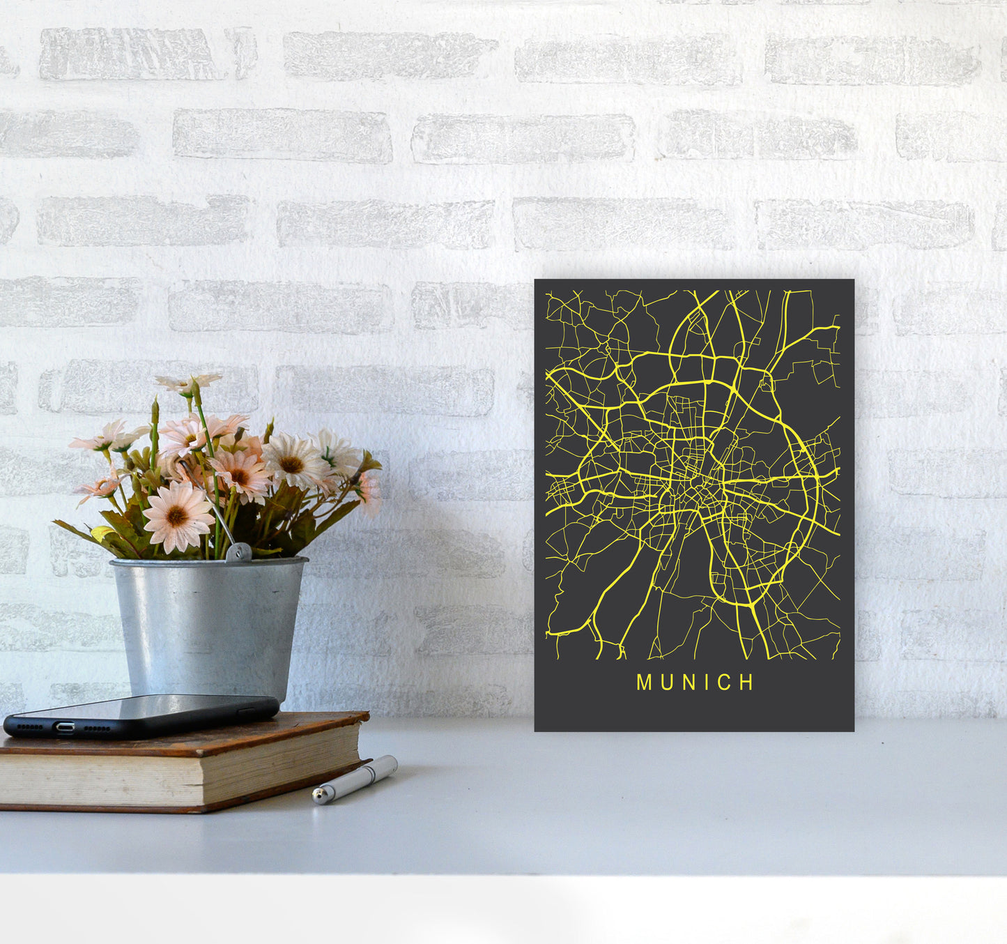 Munich Map Neon Art Print by Pixy Paper A4 Black Frame