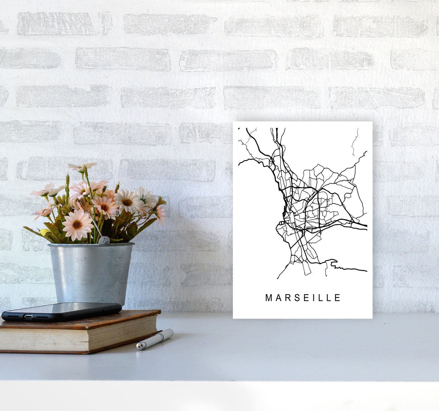 Marseille Map Art Print by Pixy Paper A4 Black Frame