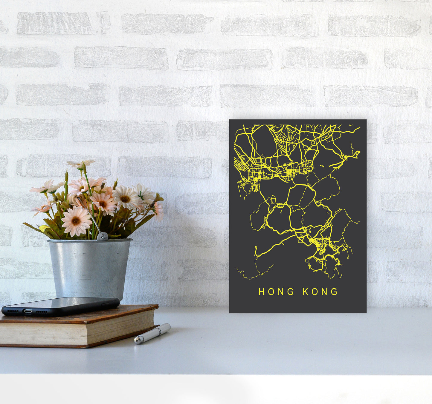 Hong Kong Map Neon Art Print by Pixy Paper A4 Black Frame