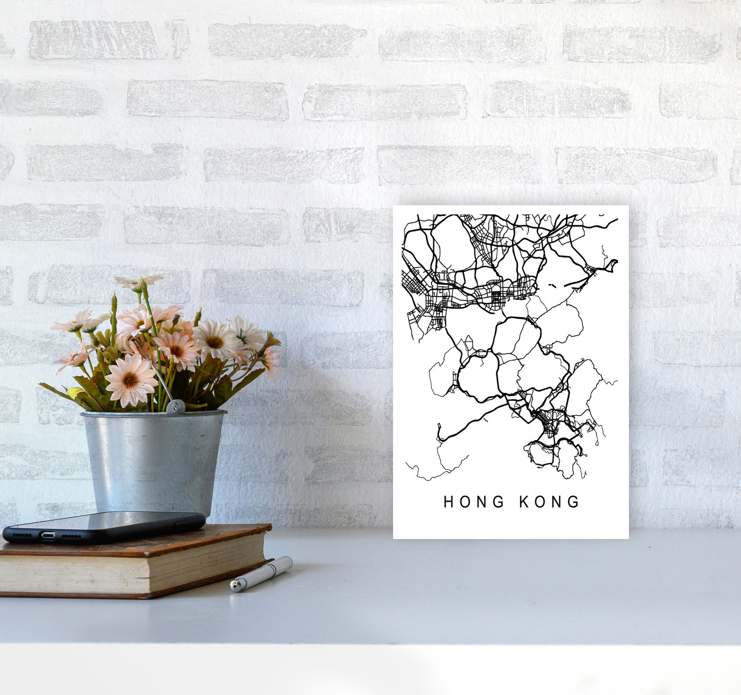 Hong Kong Map Art Print by Pixy Paper A4 Black Frame