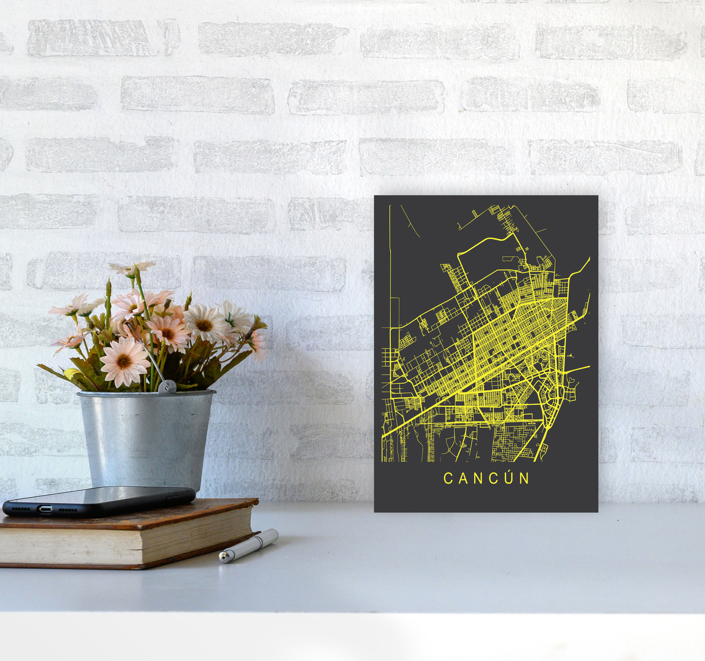 Cancun Map Neon Art Print by Pixy Paper A4 Black Frame