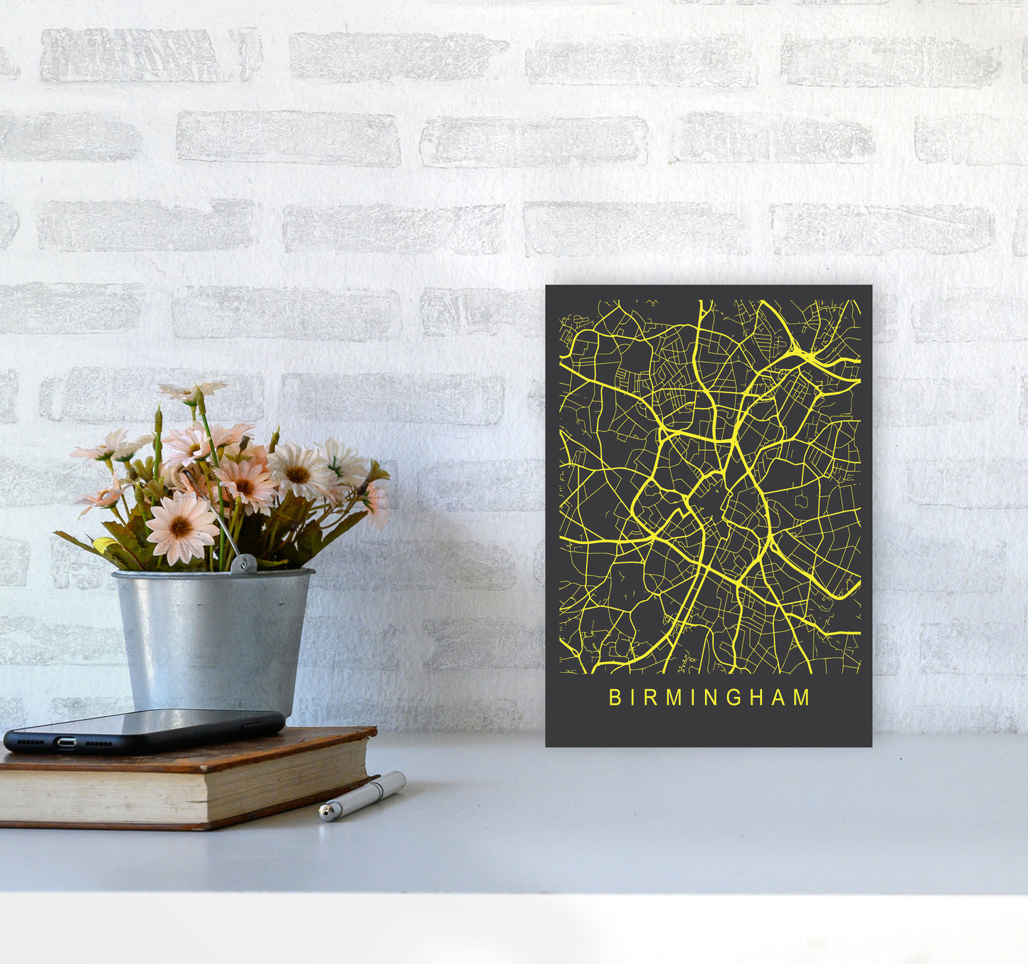 Birmingham Map Neon Art Print by Pixy Paper A4 Black Frame