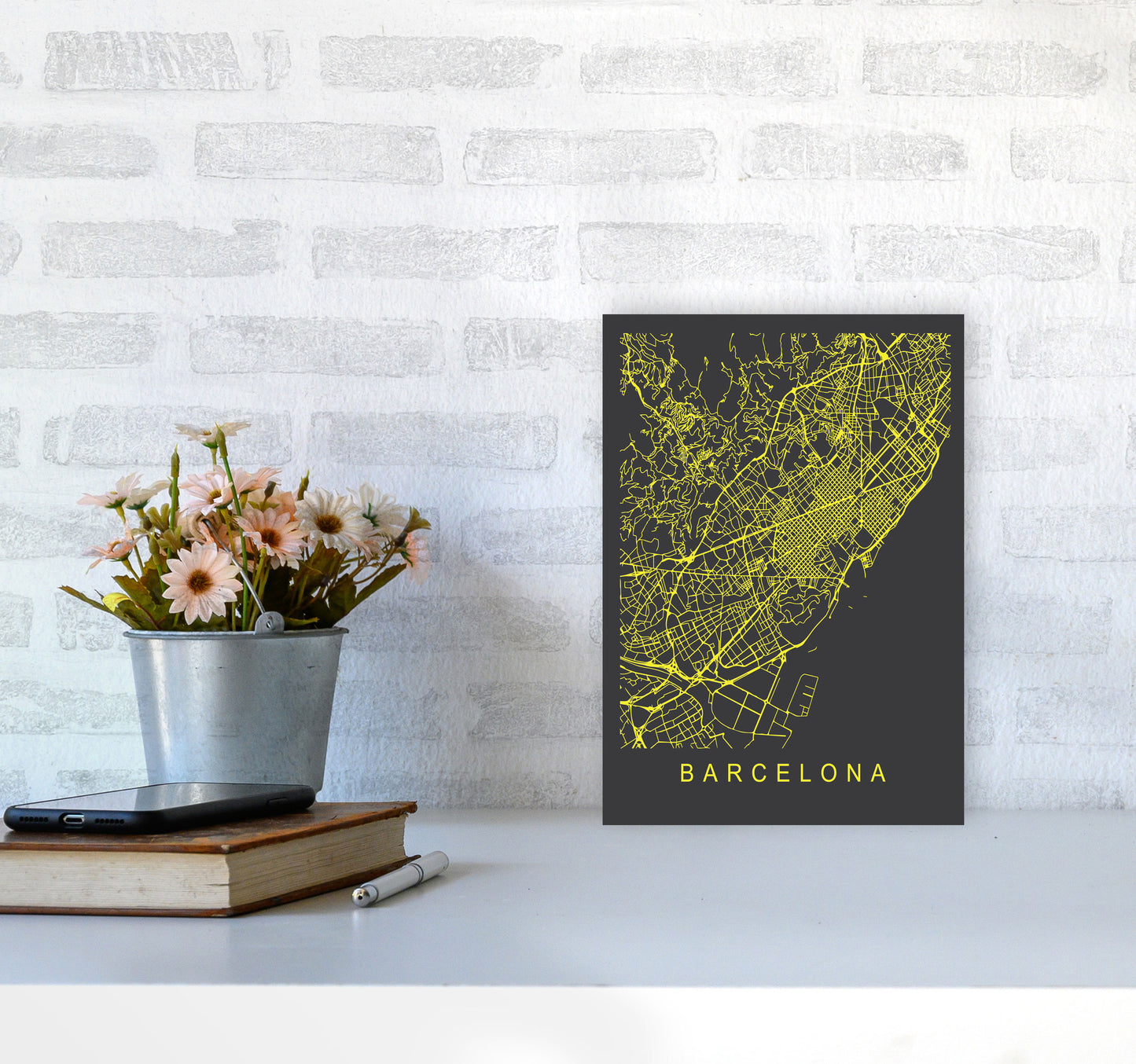 Barcelona Map Neon Art Print by Pixy Paper A4 Black Frame