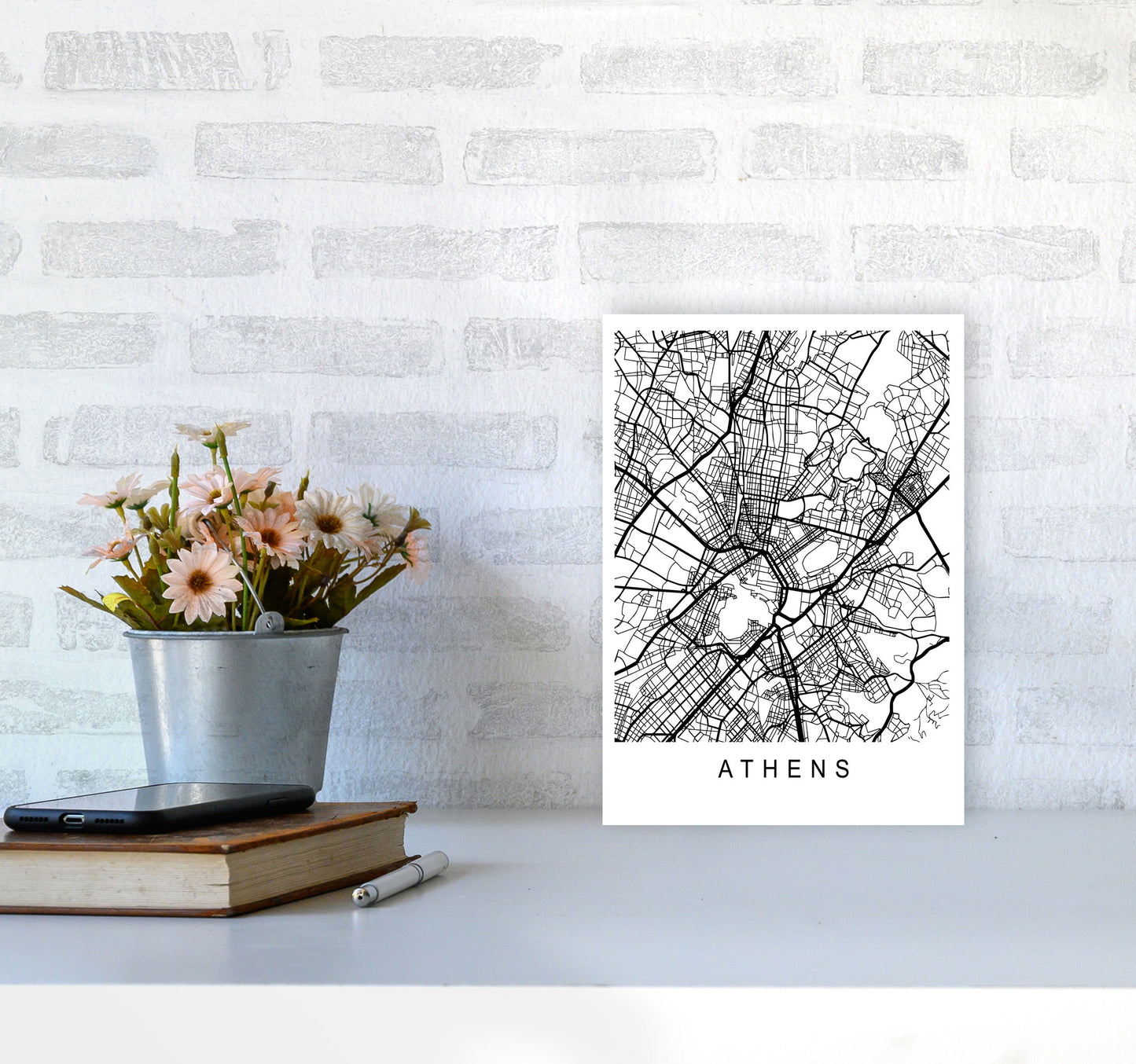 Athens Map Art Print by Pixy Paper A4 Black Frame