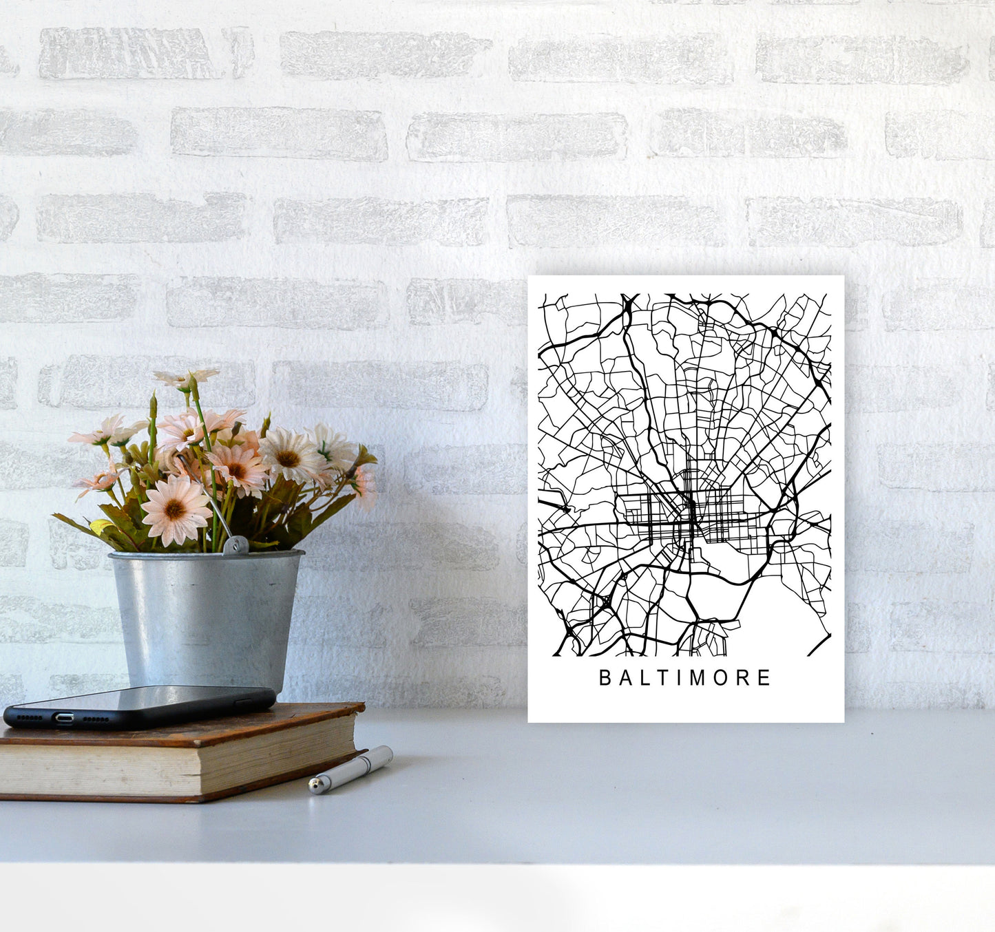Baltimore Map Art Print by Pixy Paper A4 Black Frame