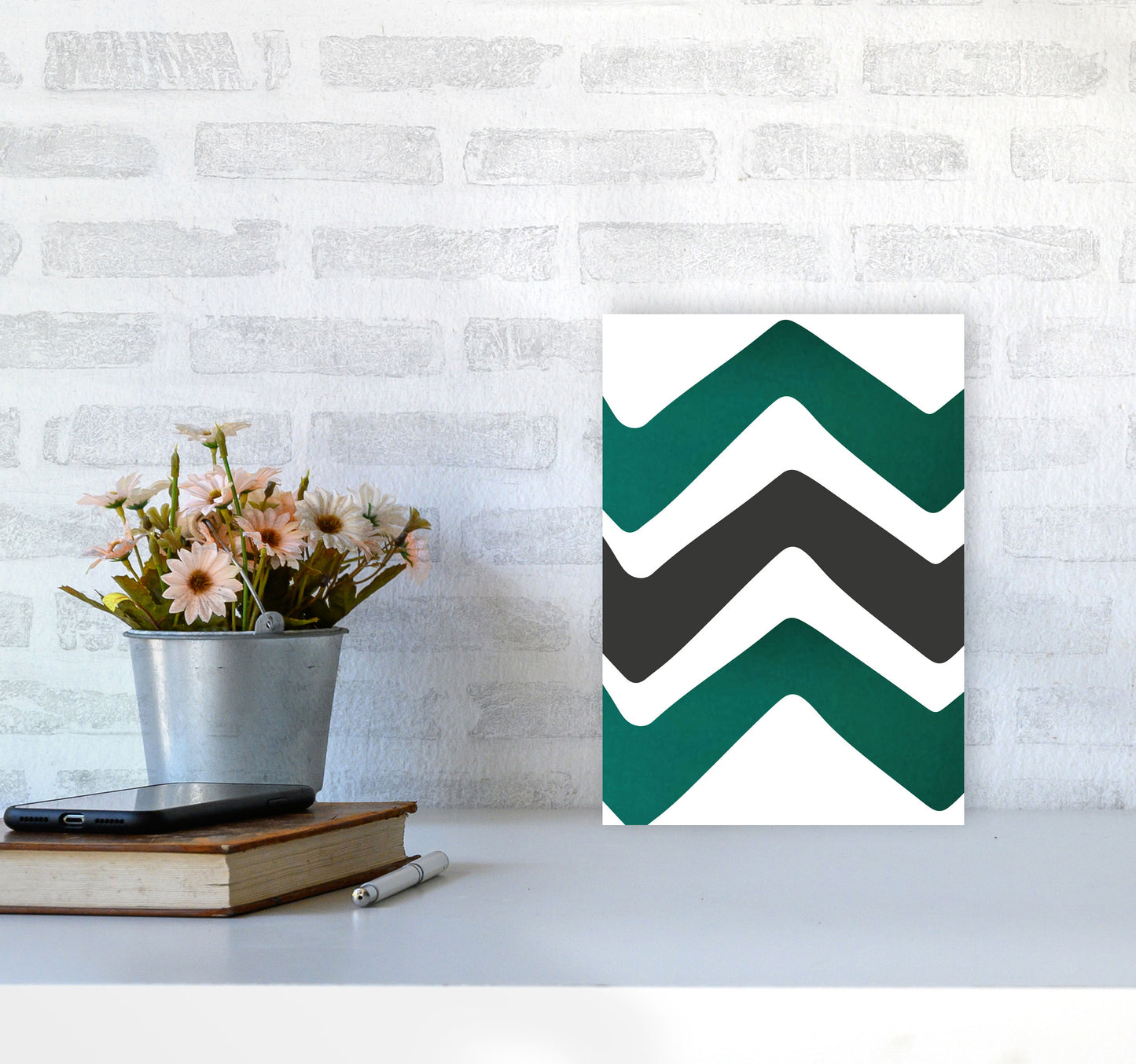 Zig zags emerald Art Print by Pixy Paper A4 Black Frame